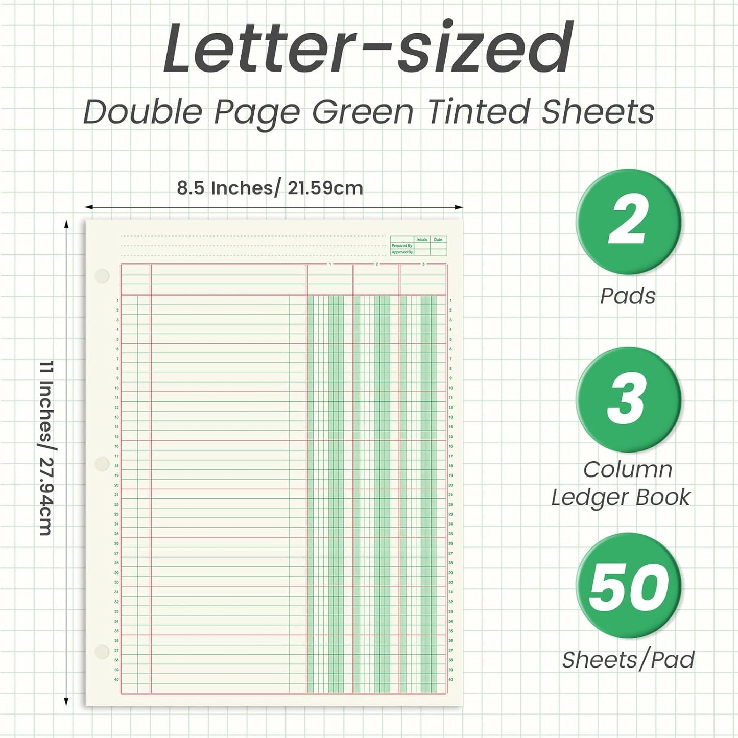 2 Pads 100 Sheets Columnar Analysis Pad 3 Column Ledger 3 Hole Punch Accounting Ledger Book 8-1/2 x 11 Ledger Paper Pad Double Page Format Columnar Pad for Business Bookkeeping & Data(3 Column Ledger)