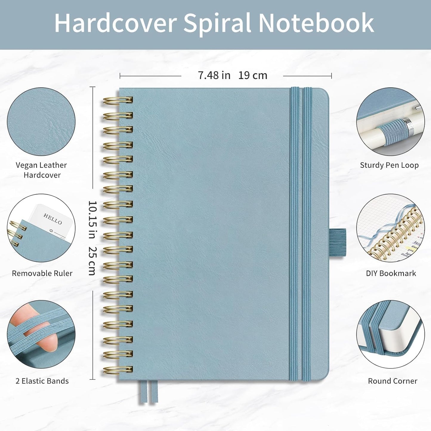 EMSHOI Spiral Graph Paper Notebook - 300 Pages, 100 GSM Thick Grid Notebook, B5 Large Hardcover Leather Journal for Women Men Work School Writing Engineering Graphing, 7.48" x 10.15", Gray Blue