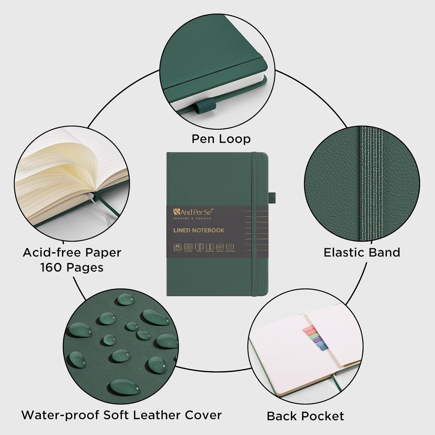 &And Per Se Lined Journal Notebook (10 Packs), 160 Pages, A5 5.7 x 8 inches College Ruled Thick Paper Notebook Journals for Writing, Hardcover Notebooks for Women Men Office School (Green)