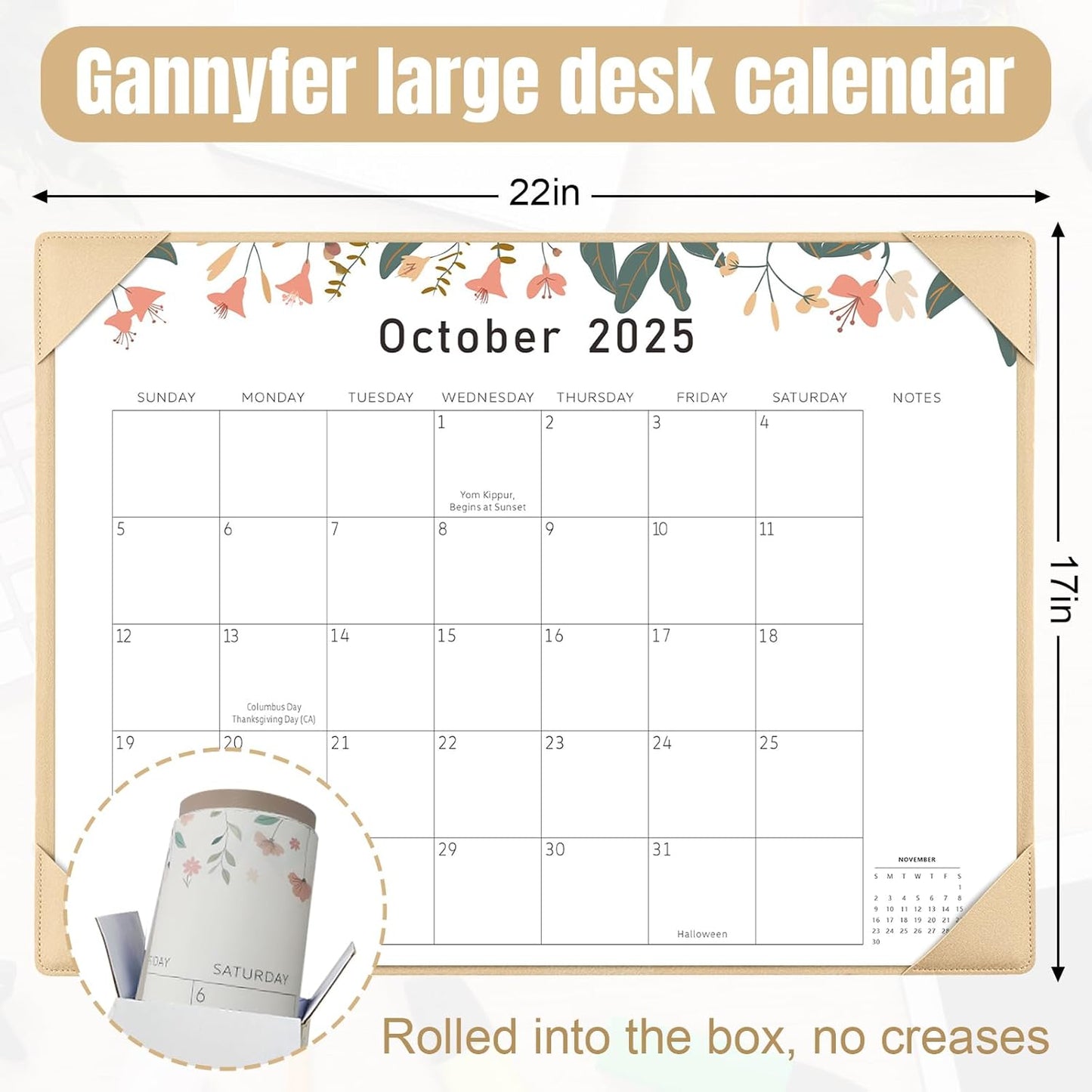 Gannyfer Large Desk Calendar 2025-2026 with Desktop Mat - 18 Month Table Calendar, 22" x 17" Desktop Pad Calendar for Planning and Organizing In Your Family, School or Office - Small Fresh Florals (6 Stickers Included) (Brown)
