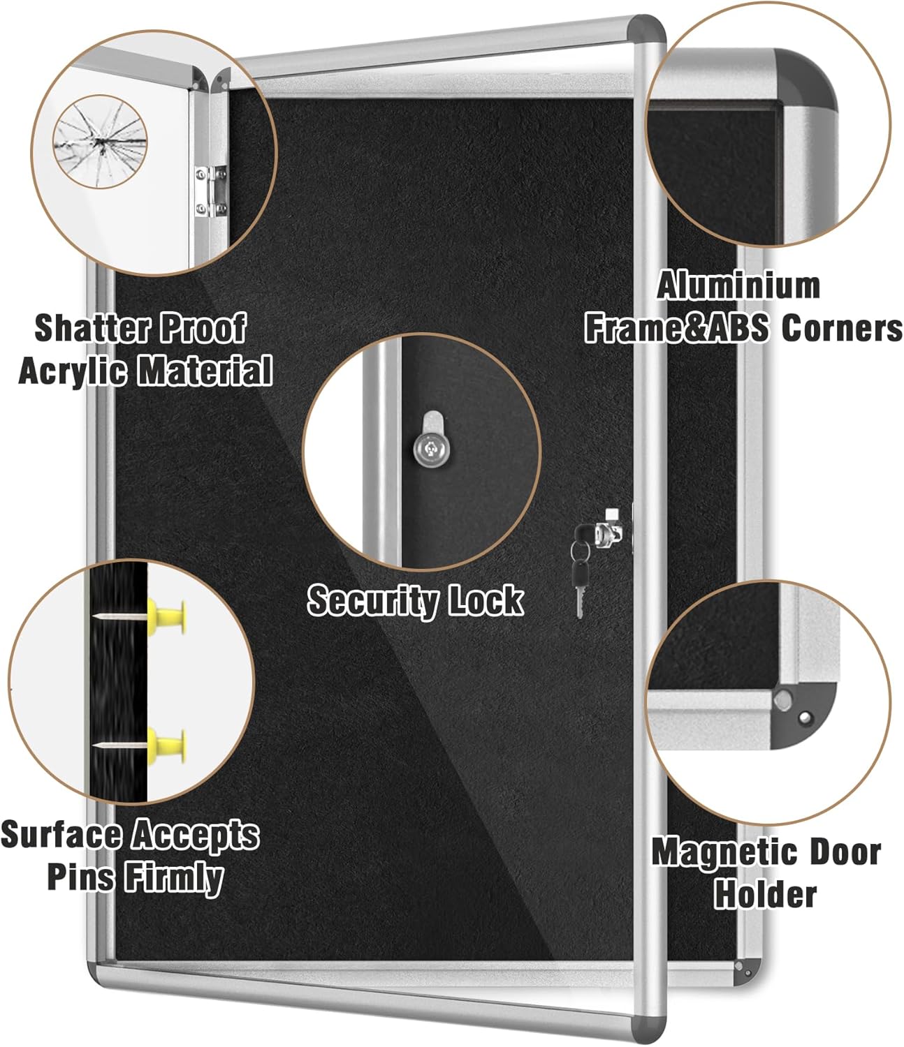 38"x28" Enclosed Bulletin Board, Lockable Weather-Resistant Aluminum Cork Noticeboard for School & Office, Silver Frame w/Black Flet