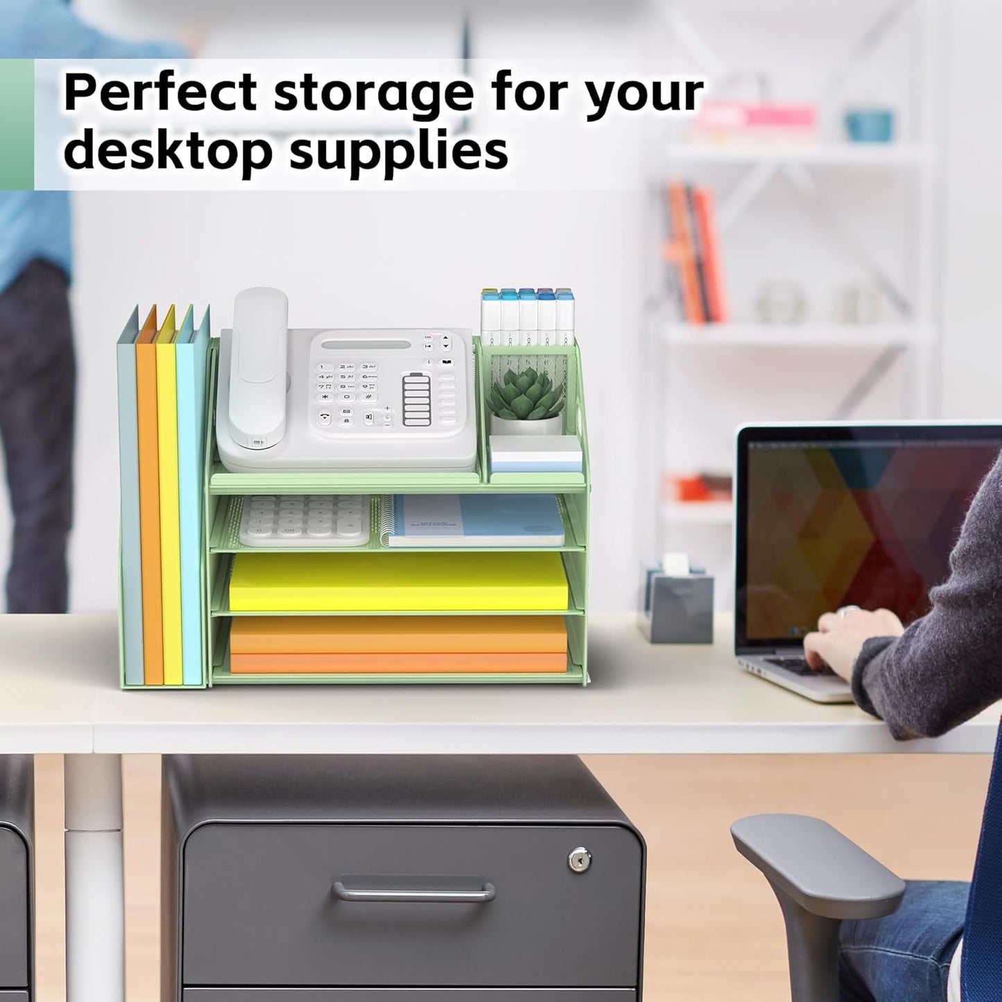 DocNest 4 Tier Paper Letter Tray File Organizer, Mesh Desk File with Handle, Workspace Desk Organizers with Pen Holder, Office Organization Storage Accessories - Green