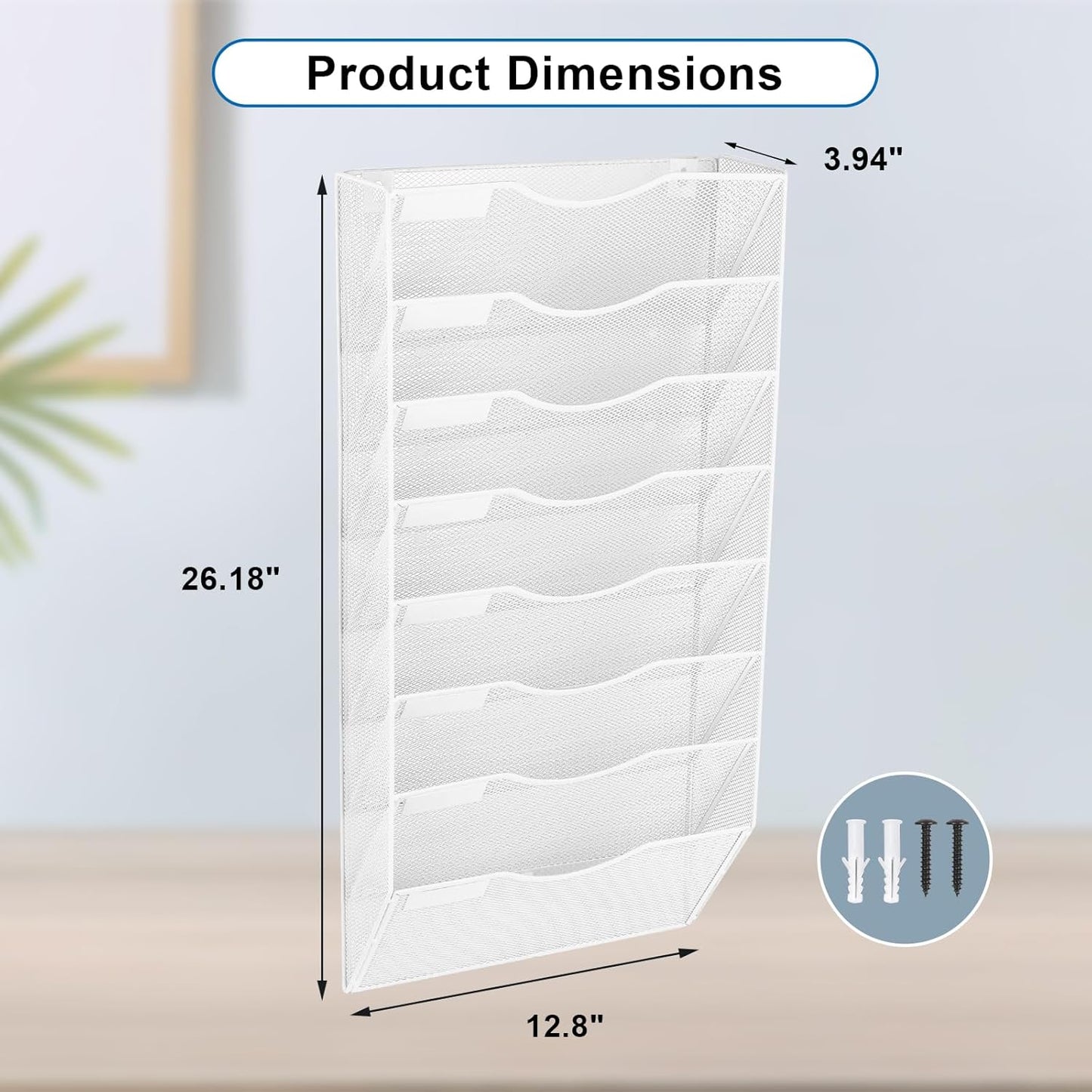 EASEPRES 8 Pocket Mesh Hanging Wall File Organizer, Wall Mounted Mail Paper Document Folder Holder, Clipboard Storage Organization Magazine Rack with Nametag Label for Office Home School, White