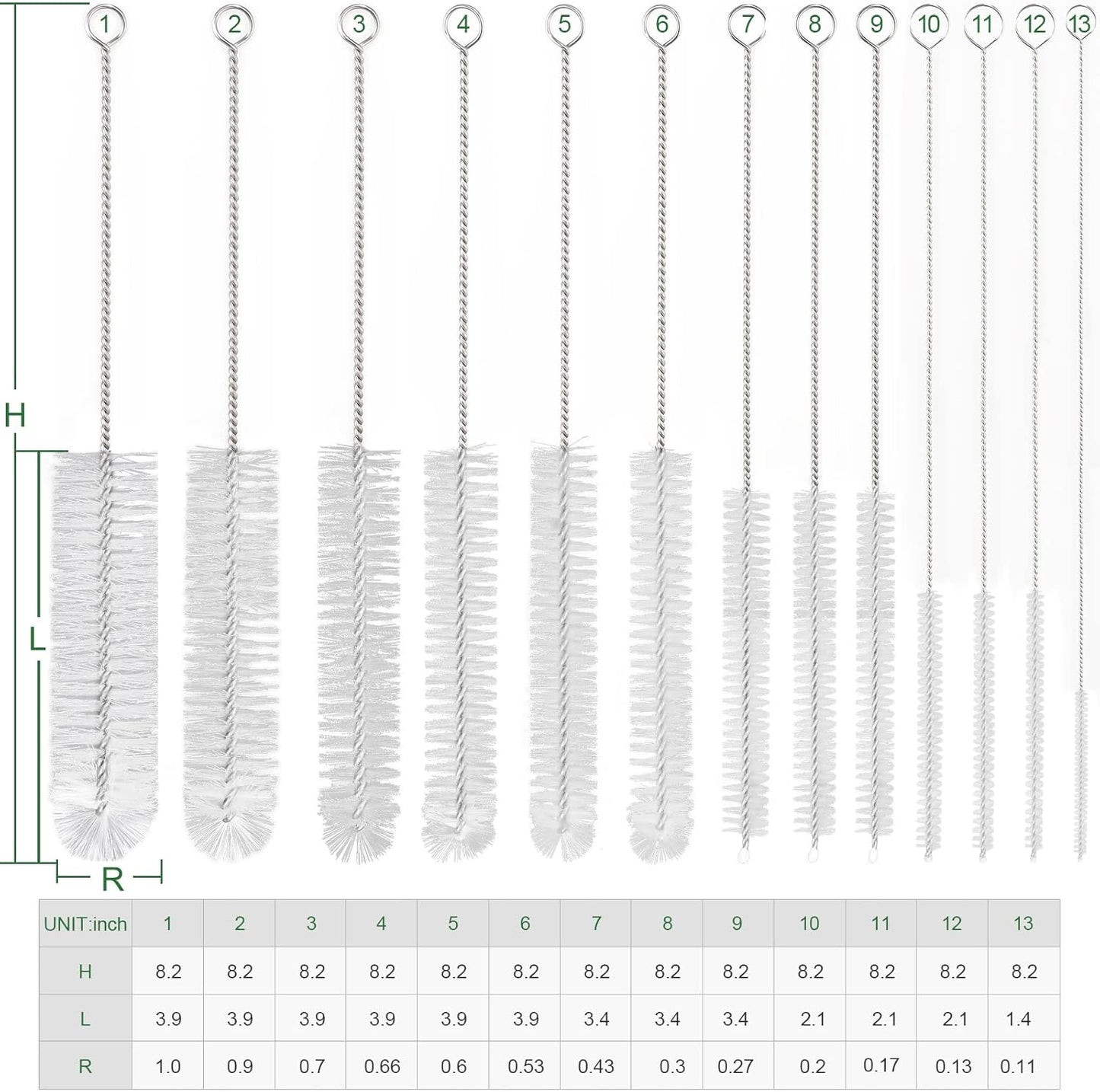 CiaraQ Bottle Cleaning Brushes, 8 Inch Nylon Tube Brush Set, Cleaner for Narrow Neck Bottles Cups with Hook, Set of 13pcs, White