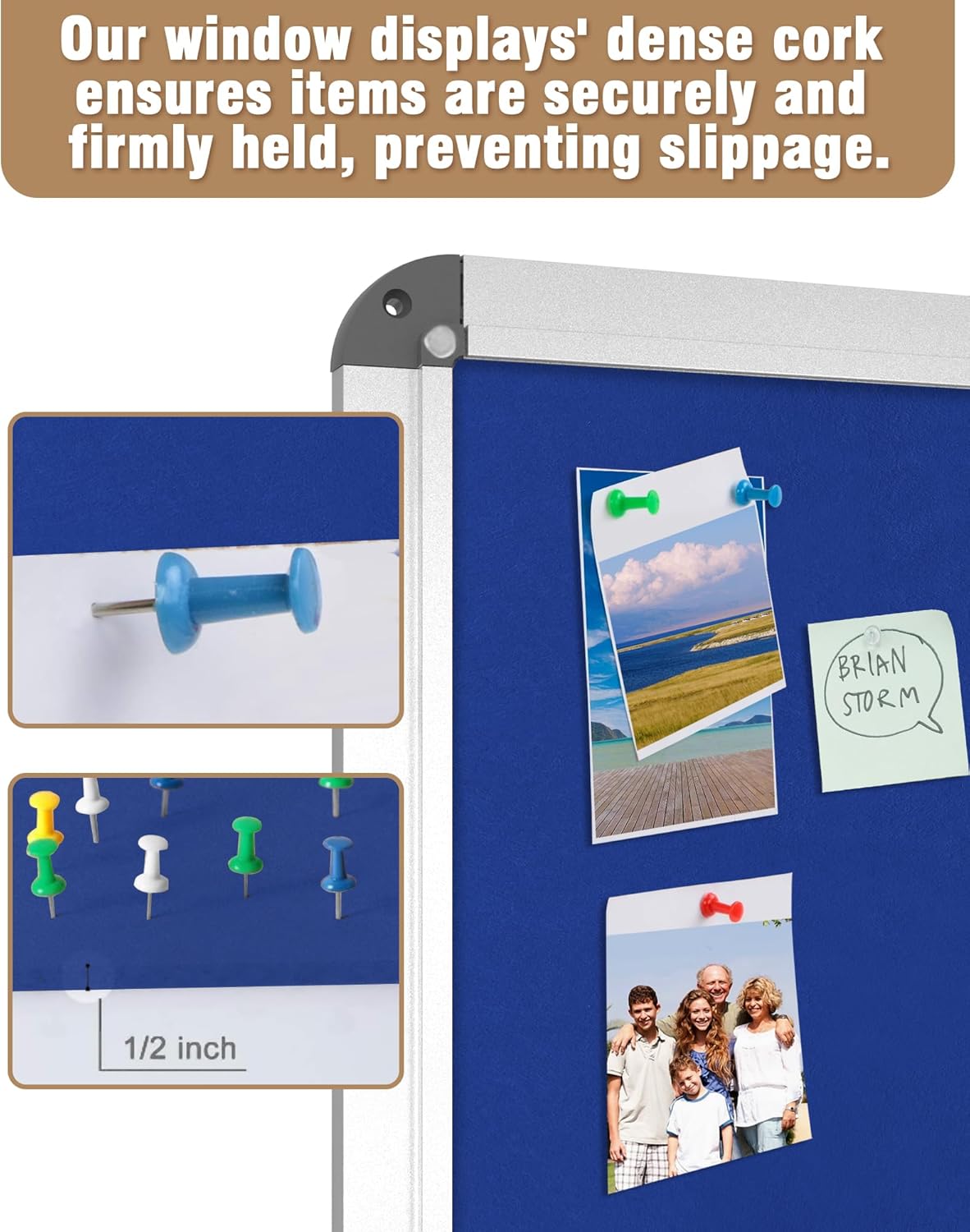 38"x38" Enclosed Bulletin Board, Lockable Weather-Resistant Aluminum Cork Noticeboard for School & Office, Silver Frame w/Blue Flet