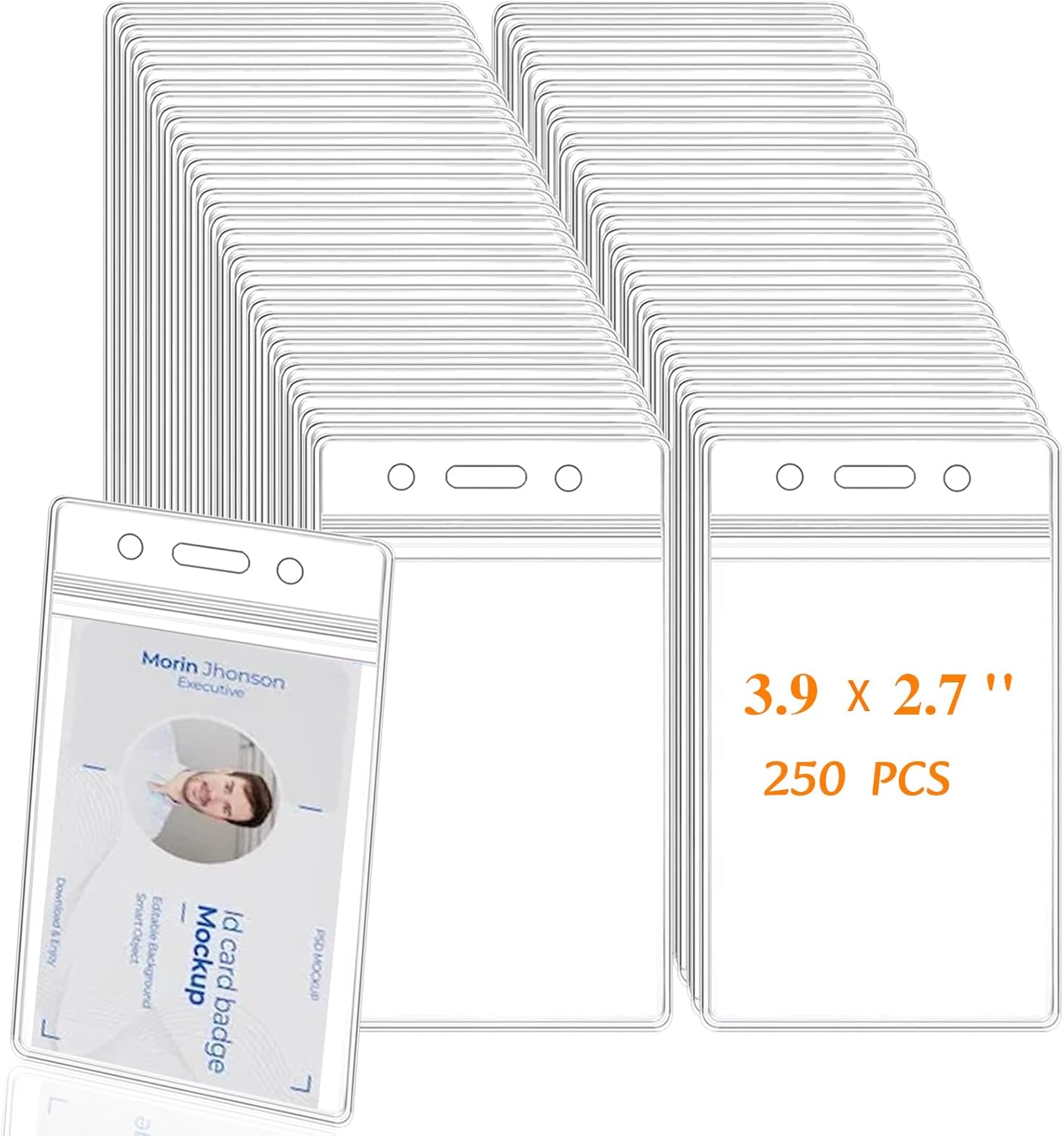 250 Pack Name ID Badge Holder-Plastic Badge Holder for Lanyard, Vertical Extra Thick 3.9" x 2.7" Waterproof Name tag Holder for School/Office/Hospital/Exhibition/Party/Cards Credit Card