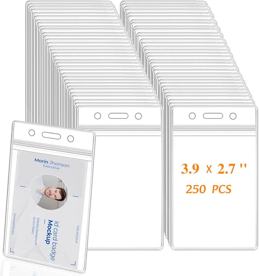 250 Pack Name ID Badge Holder-Plastic Badge Holder for Lanyard, Vertical Extra Thick 3.9" x 2.7" Waterproof Name tag Holder for School/Office/Hospital/Exhibition/Party/Cards Credit Card