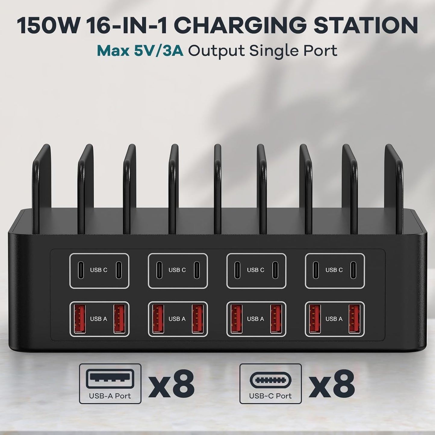 150W/35A Charging Station for Multiple Devices, RUANSZZ 16 Port USB~C Fast Charging Station, Multiple Charger Organizer Compatible with Cell Phone, iPad, Kindle, Tablet and Other Electronic