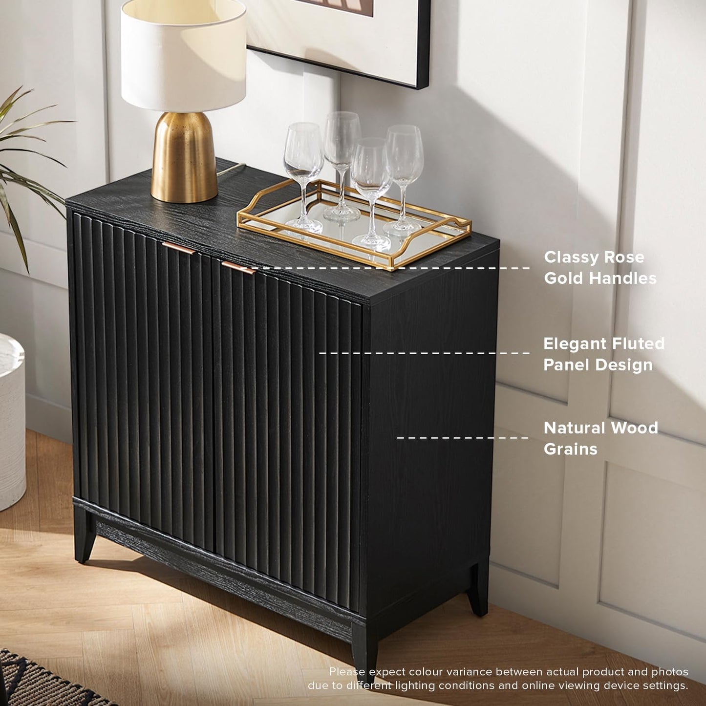 mopio Brooklyn Storage Cabinet, Modern Farmhouse Entryway Accent Case, Buffet Sideboard, Console Table, Credenza, Wood Modular Organizer with Doors & Shelf, Fluted Panel Cupboard (Black, Single)