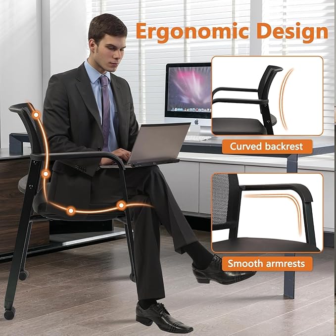 CLATINA Stacking Office Chair with Wheels, Mesh Back Waiting Room Guest Chairs with Arms Comfortable Leather Cushion Stackable Desk Chair for Conference Reception School Side Stationary, Black, 8 PK