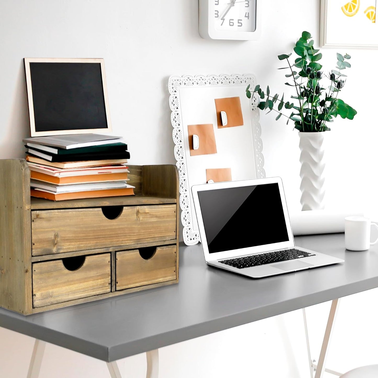 Besti Wooden Office Desk Organizer - Organizing Tool for Desktop, Cubicle, Bedroom, Kitchen - Vintage Style Organization Caddy with Top Tray Shelf & 3 Drawers - 13.6x9x7 Inches (Rustic Burnt)