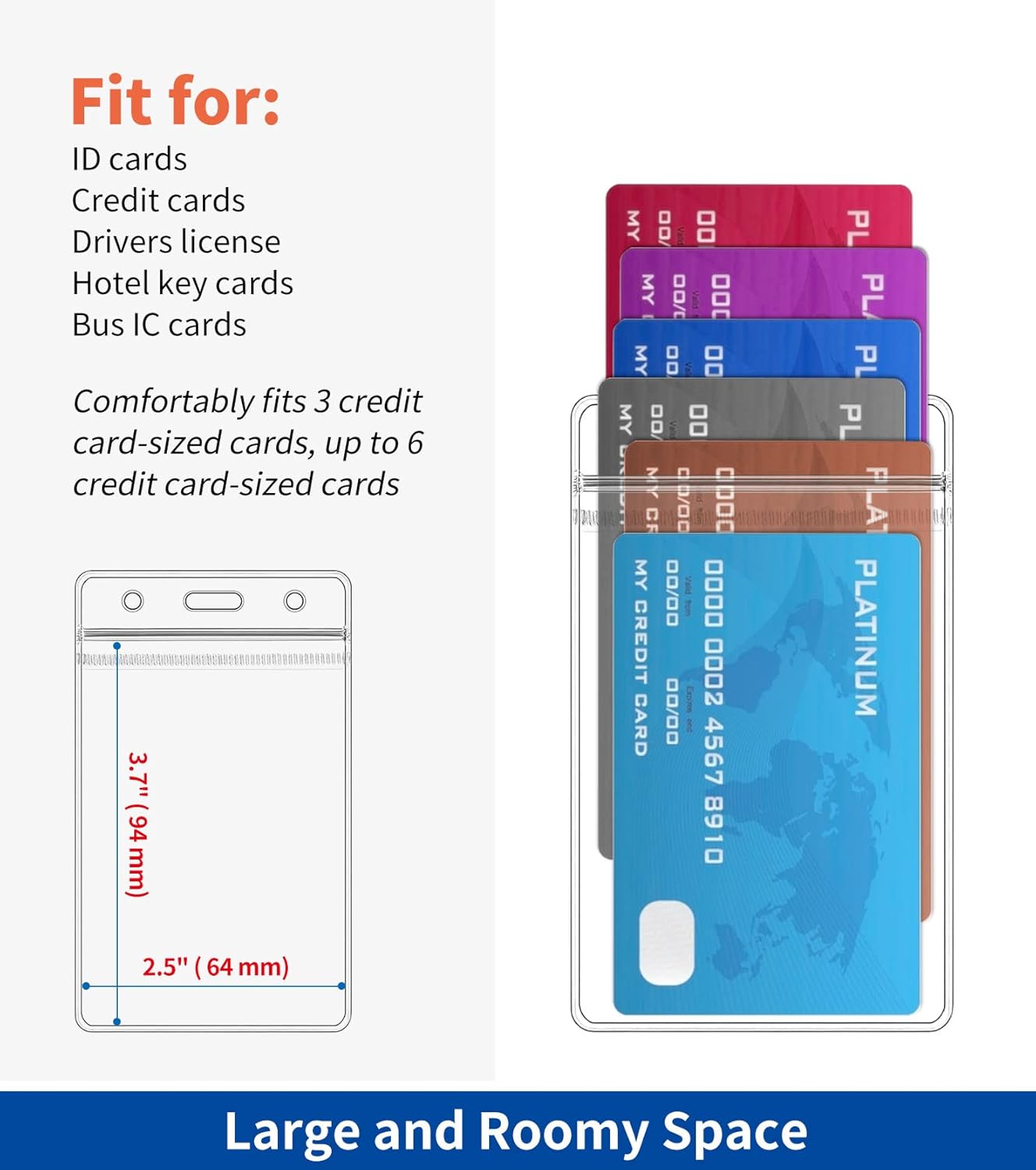 50 Pack Vertical ID Badge Holder, Clear Plastic Work Key Card Sleeve, Name Tag Holders Cover Protector with Waterproof Resealable Zip Type for Nurses Lanyard, Fits Credit Size Cards