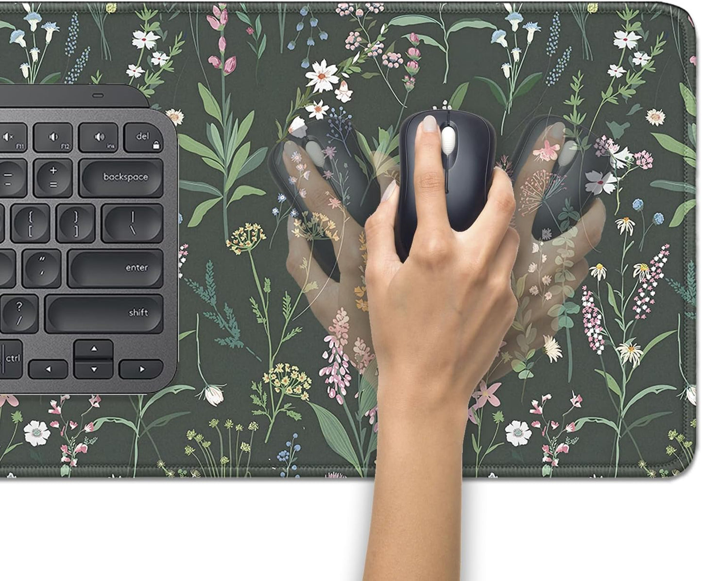 Green Plant Floral Mouse Pad,Large Flowers Mousepad Desk Pad with Stitched Edges,Non-Slip Waterproof Rubber Base Mouse Mat for Office Computer Keyboard Laptop Home(27.5x11.8 in)