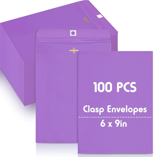 Geyee 100 Pcs Clasp Manilla Envelopes 6 x 9 Inch Gummed Colored Envelopes for Storing or Mailing for Home Office Business Supplies(Purple)