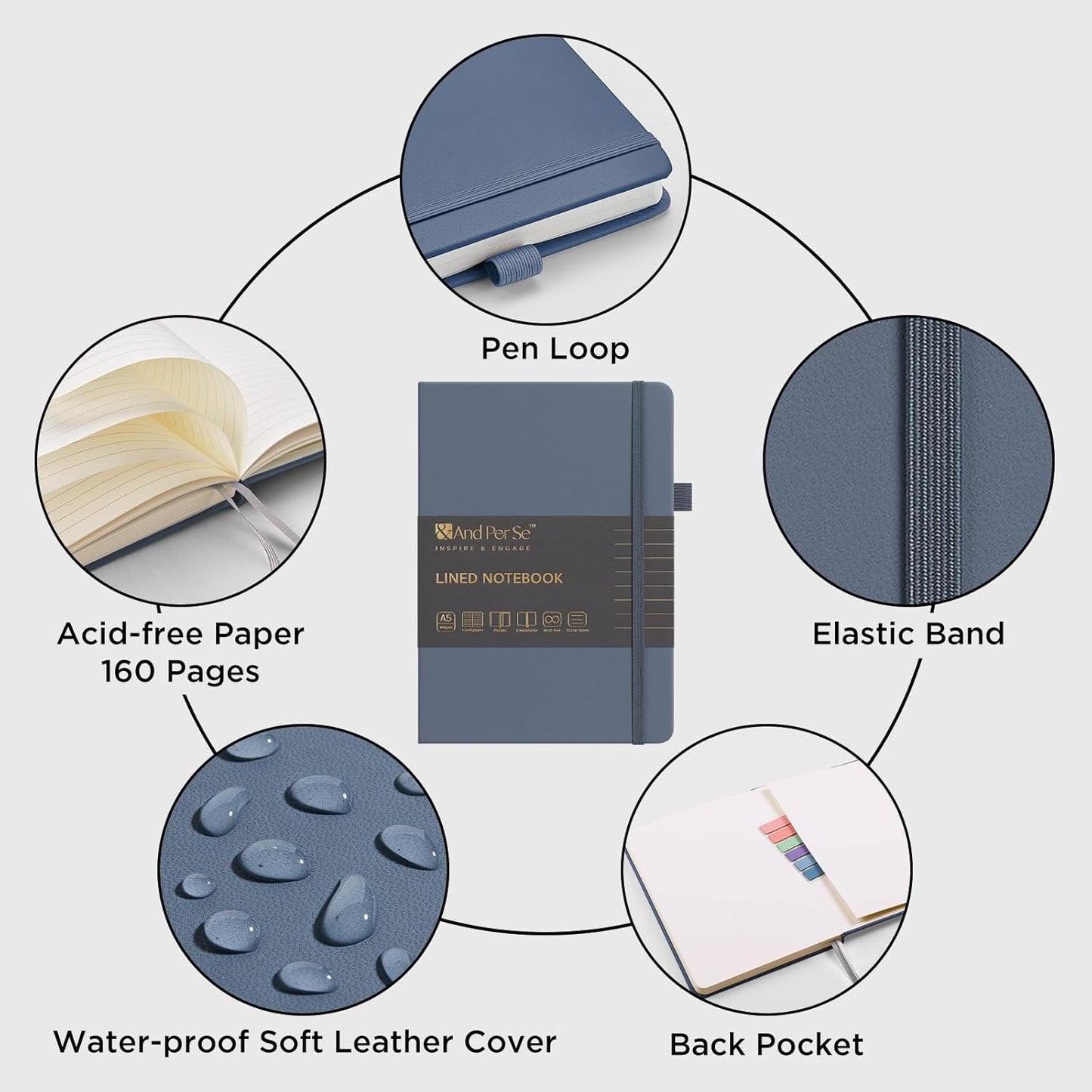 &And Per Se Lined Journal Notebook, 160 Pages, A5 5.7 x 8 inches College Ruled Thick Paper Notebook Journals for Writing, Hardcover Notebooks for Women Men Office School (1 Pack, Dark Blue)