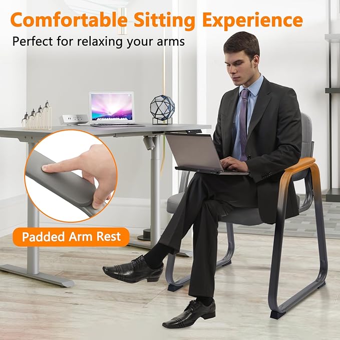 CLATINA Waiting Room Guest Chair with Bonded Leather Padded Arm Rest for Office Reception and Conference Desk Black with Sled Base Grey 4 Pack