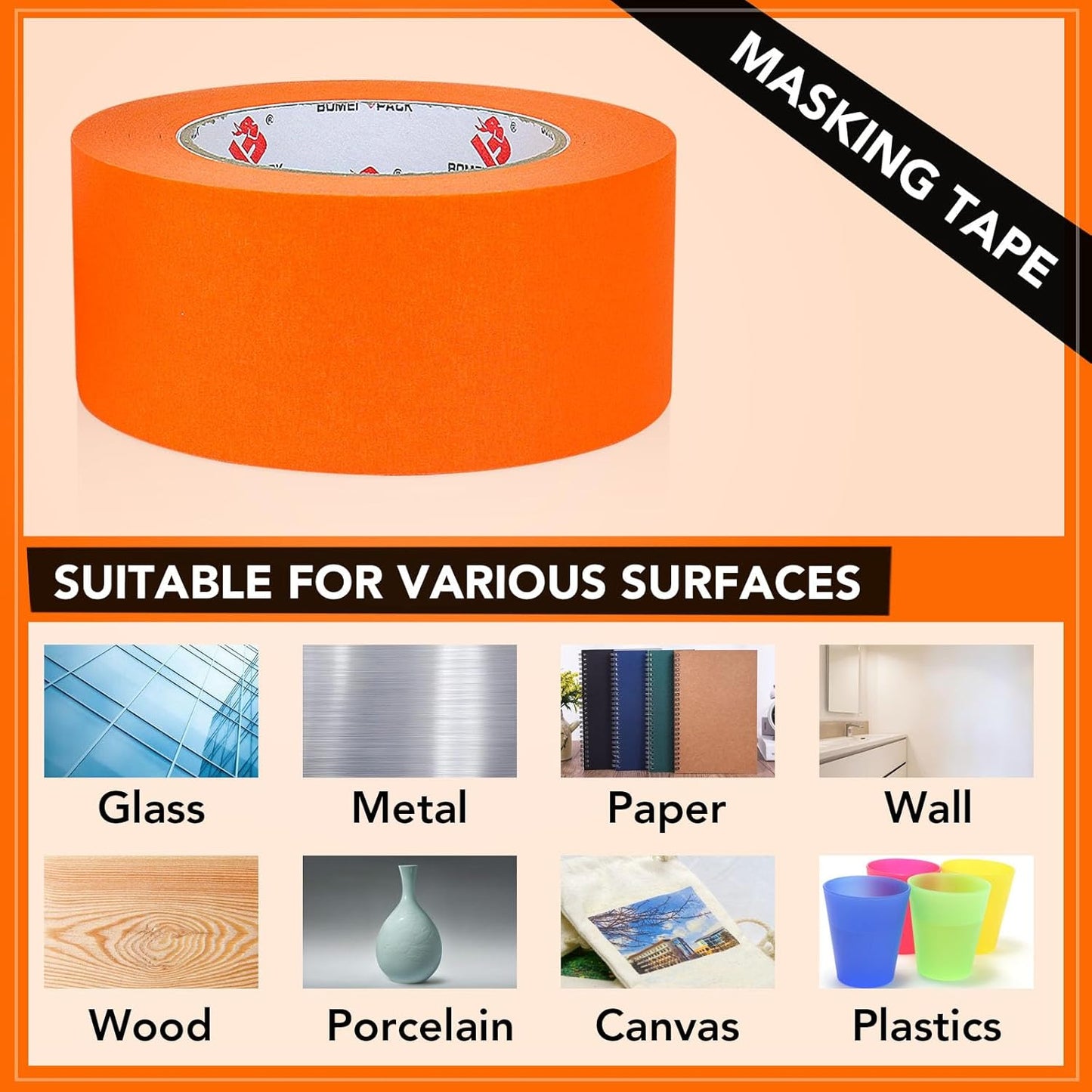 BOMEI PACK Painters Tape 2 inch, 2 Pack Paint Orange Masking Tape 2 inch x 55 Yards for Walls Painting, Labeling, DIY Crafting, Decoration and School Projects