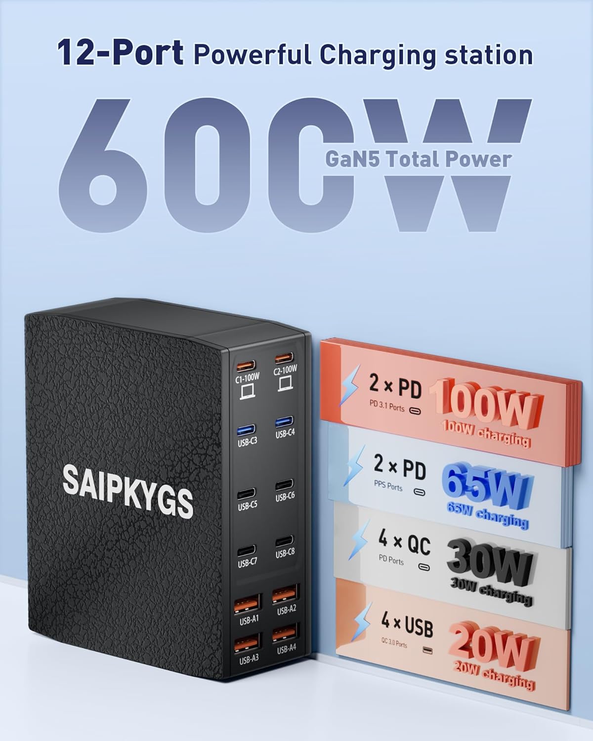 Charging Station (600W),12-Port USB C Charger Block with Dual 100W PD USB-C Fast Charging Station Hub for MacBook Pro/Air/All iPad iPhone 17/16 15/14/13/Pro Max/Samsung Galaxy Note (Black)