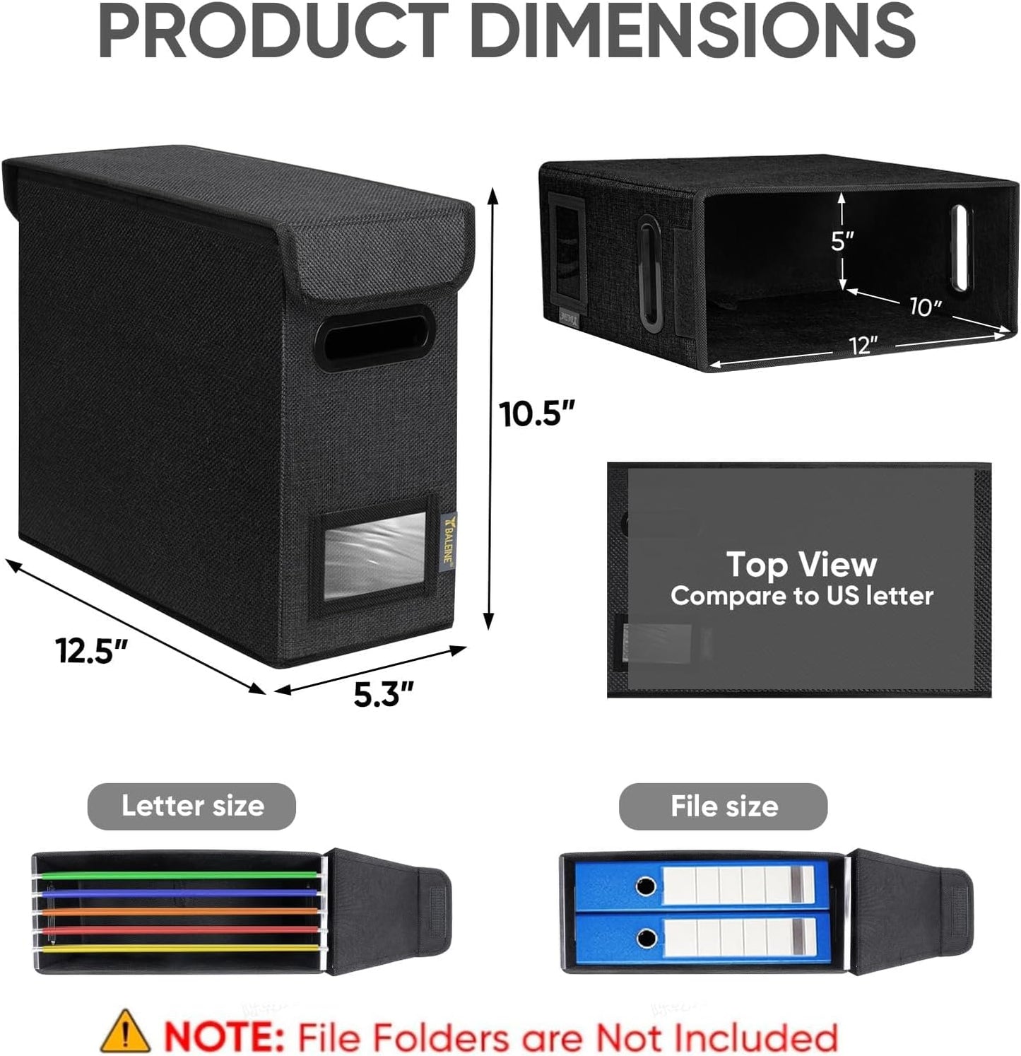 BALEINE File Organizer Box with Lid, Collapsible File Folder Organizer with Plastic Slide, Hanging File Folder Box for Office Document Storage (2 Pack, Black, S)