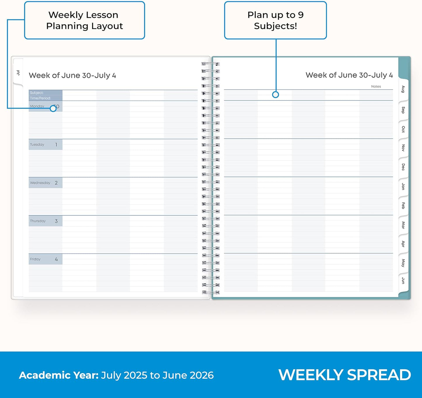 Blue Sky 2025-2026 Weekly and Monthly Academic Year Teacher Lesson Planner Calendar, July 2025 - June 2026, 8.5" x 11", Flexible Cover, Wirebound, Laminated Tabs, Storage Pocket, Dots