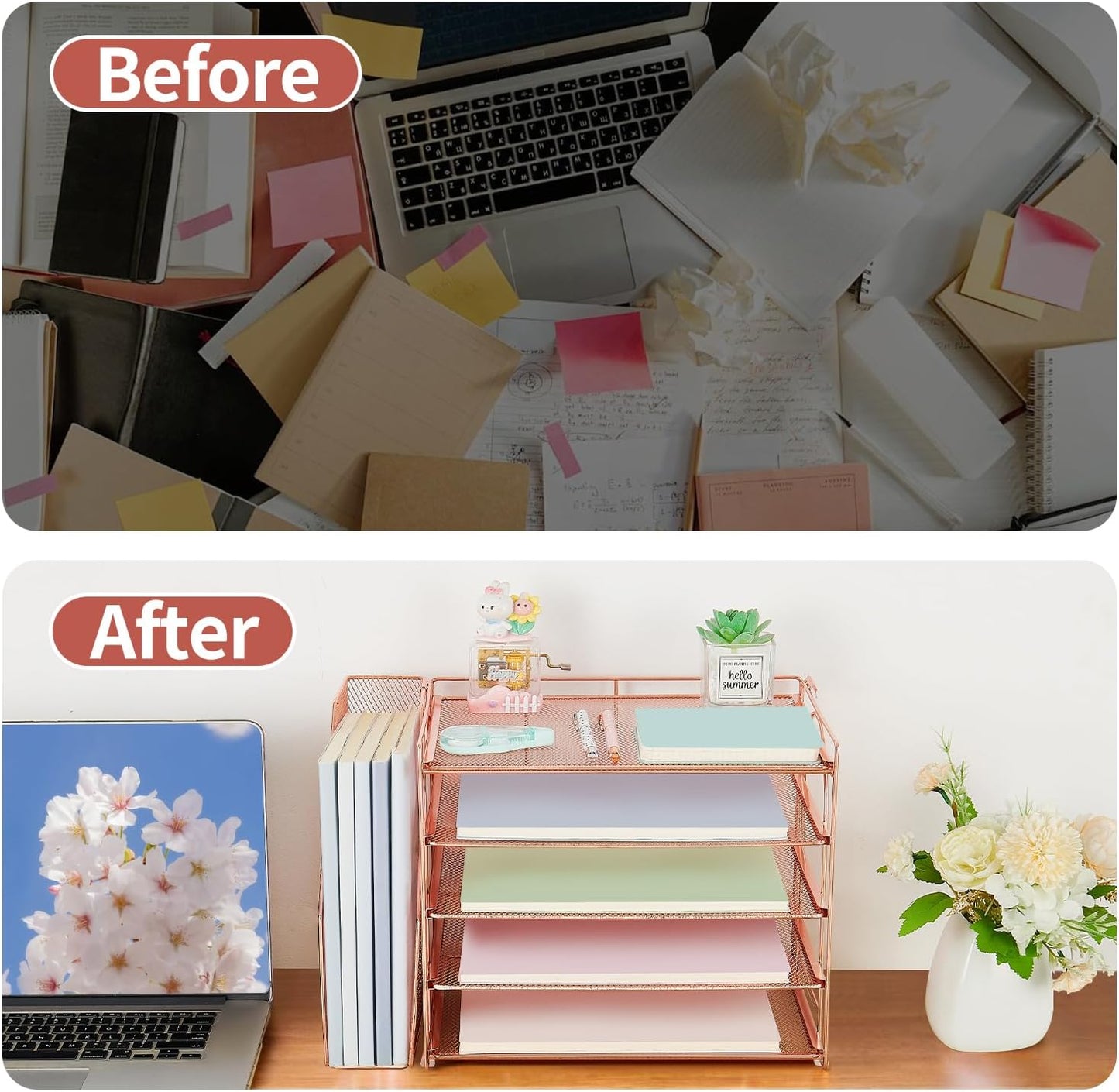 AUPSEN Rose Gold Desk Accessories Organizer,5-Tier Desktop Paper File Organizer with Adjustable File Holder, Office Desk Accessories for Office Supplies