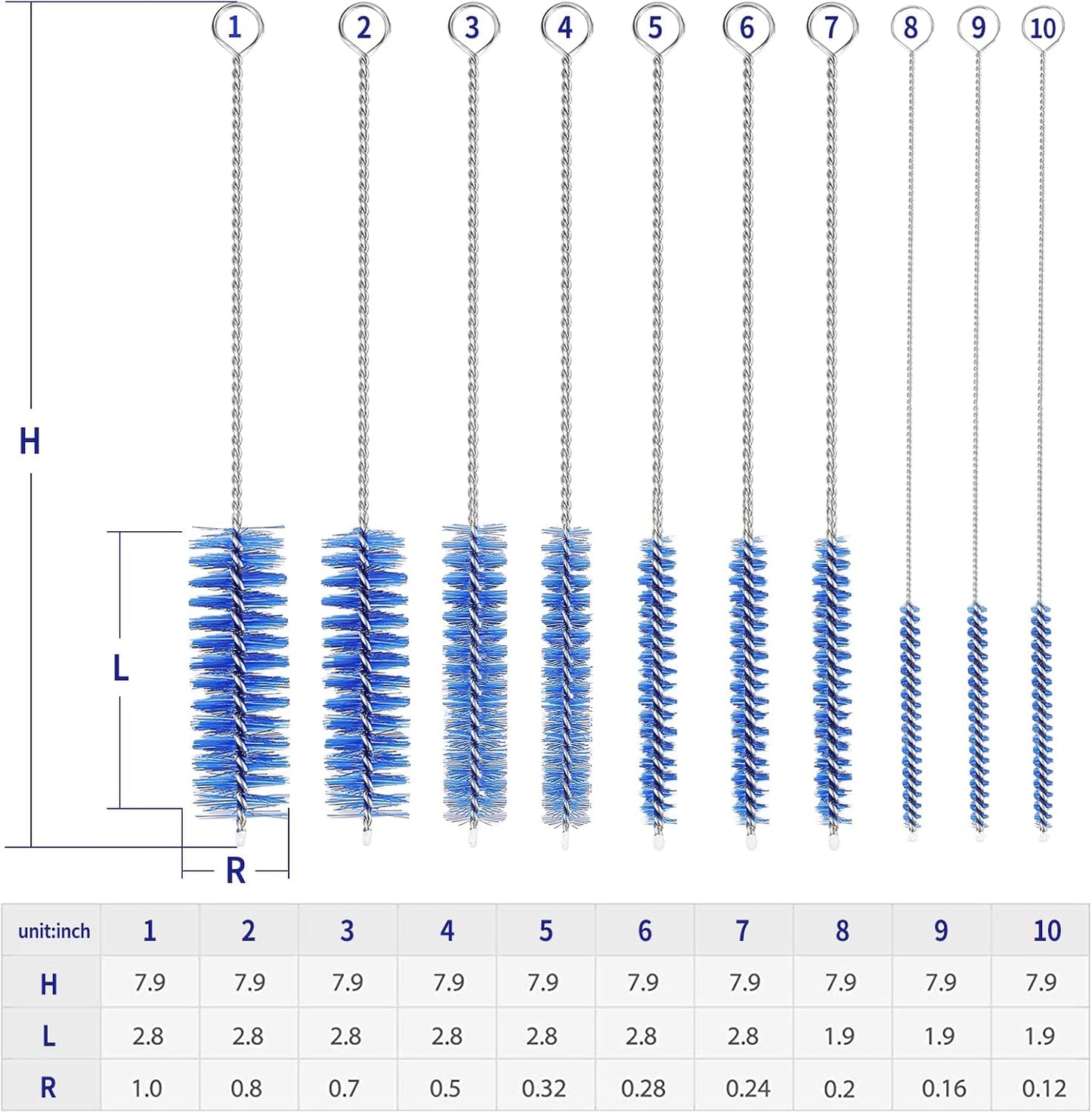 CiaraQ Bottle Cleaning Brushes, 8 Inch Nylon Tube Brush Set, Cleaner for Narrow Neck Bottles Cups with Hook, Set of 10pcs. Navy Blue