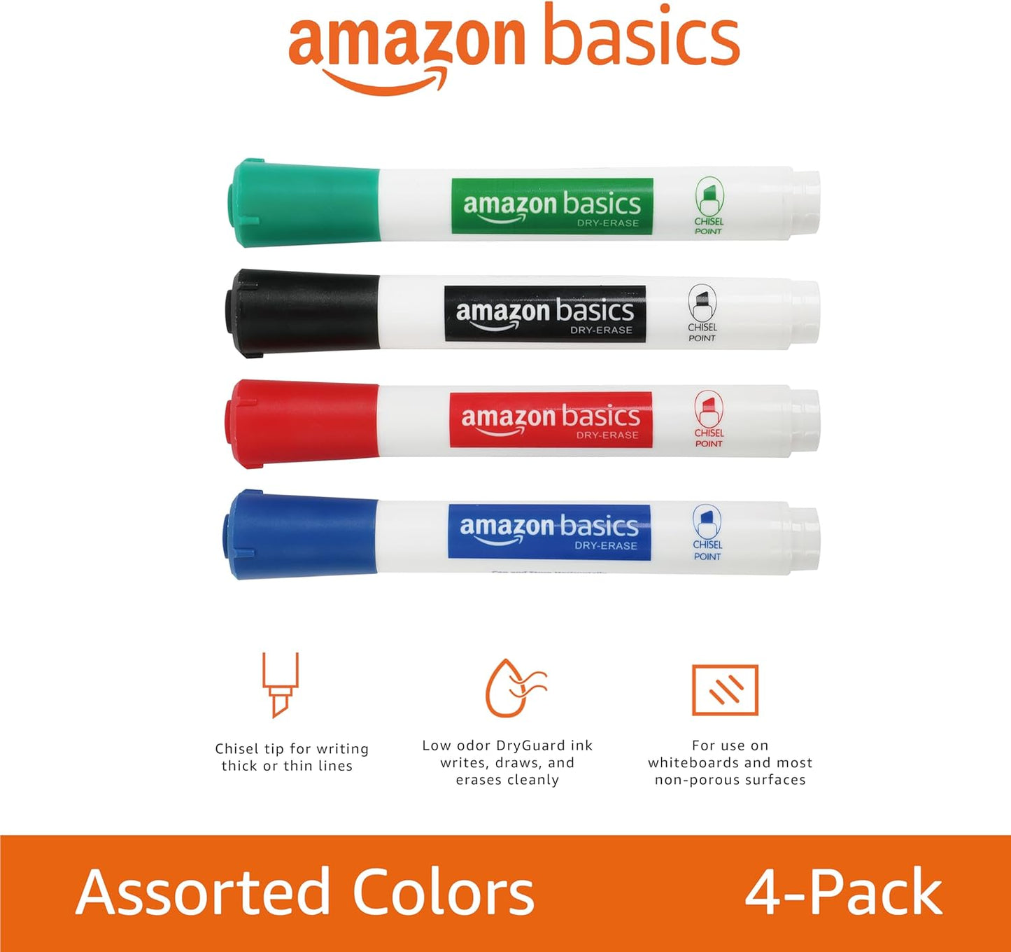 Amazon Basics Low-Odor Chisel Tip Dry Erase Whiteboard Marker, Pack of 4, Black, Red, Green, Blue