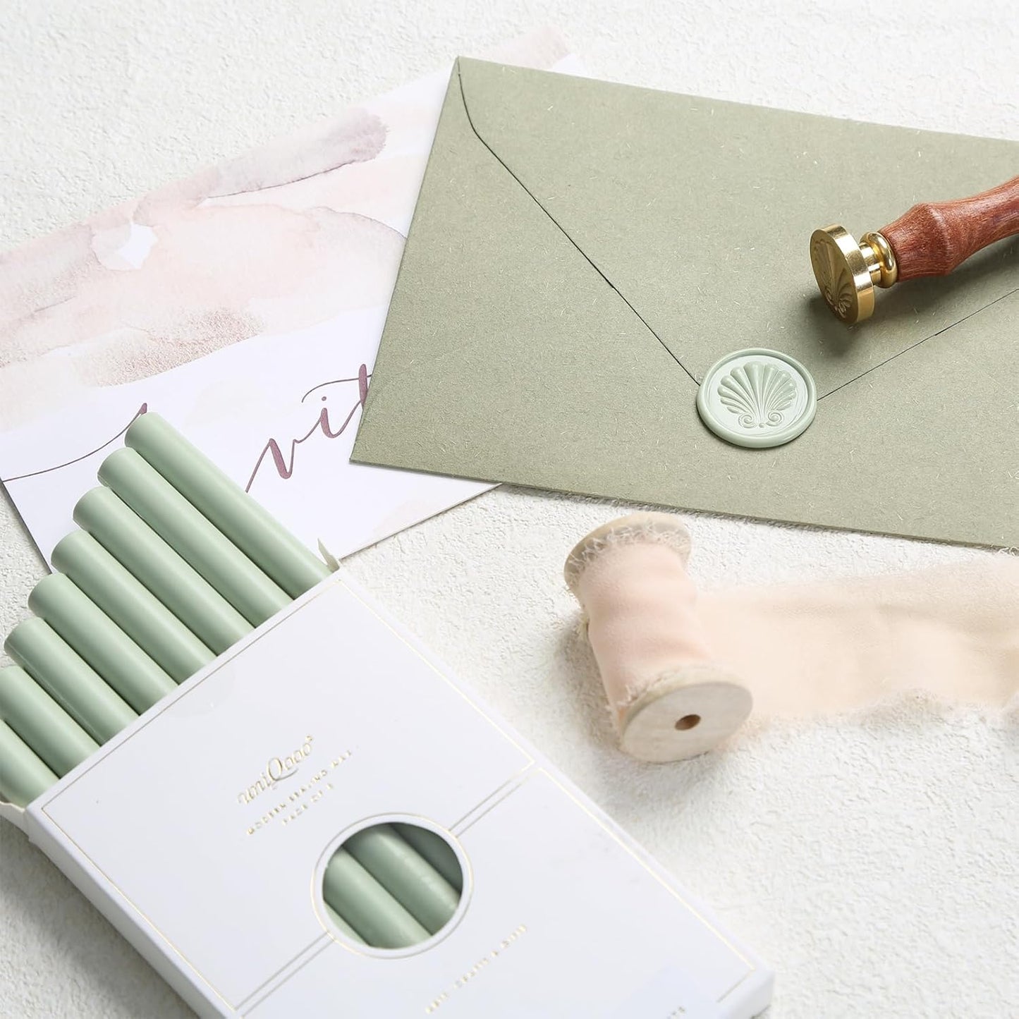 UNIQOOO Mailable Glue Gun Sealing Wax Sticks for Wax Seal Stamp - Sage Green, Great for Wedding Invitations, Cards Envelopes, Snail Mails, Wine Packages, Gift Ideas, Pack of 8
