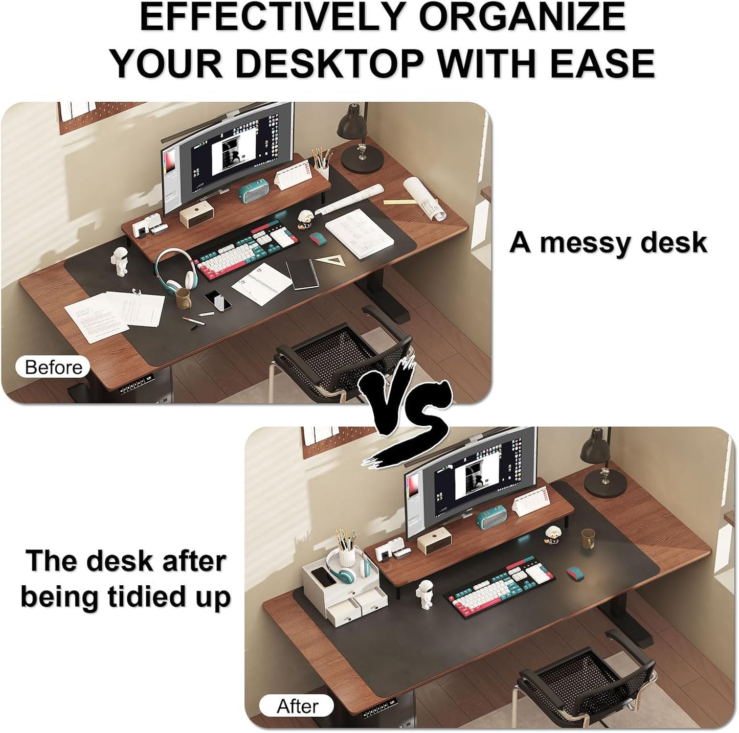 Bamboo Desk Organizer with Drawers Wooden Desktop Storage Organization Box for Bills Office Supplies Kitchen Utensils Organizing Tool for Home Classroom Vanity, No Assembly Required (3 Drawers, White)