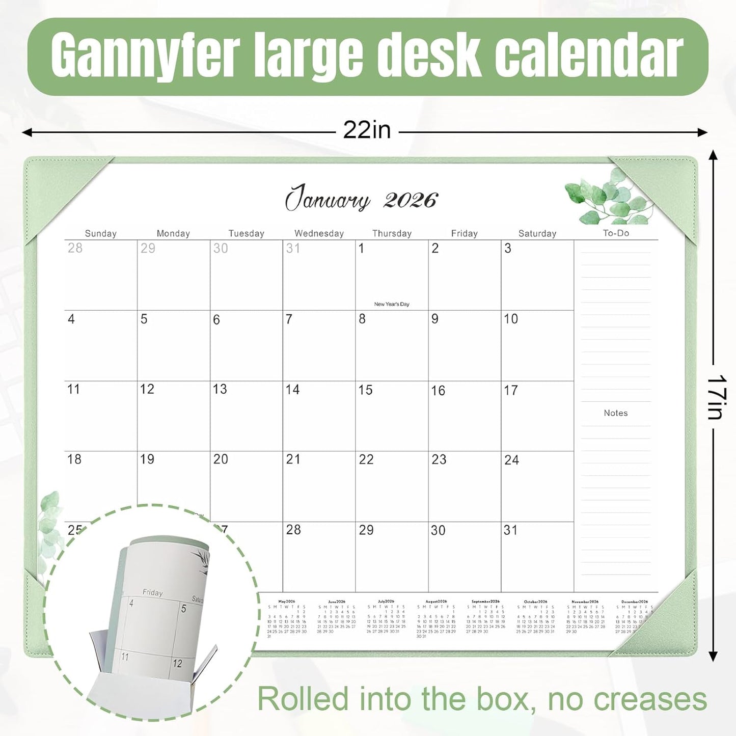 Gannyfer Large Desk Calendar 2025-2026 with Desktop Mat,22" x 17" Desktop Pad Calendar, 18 Month Table Calendar from July 2025 to Dec 2026, Office Supplies Perfect for Home School and Office - Green