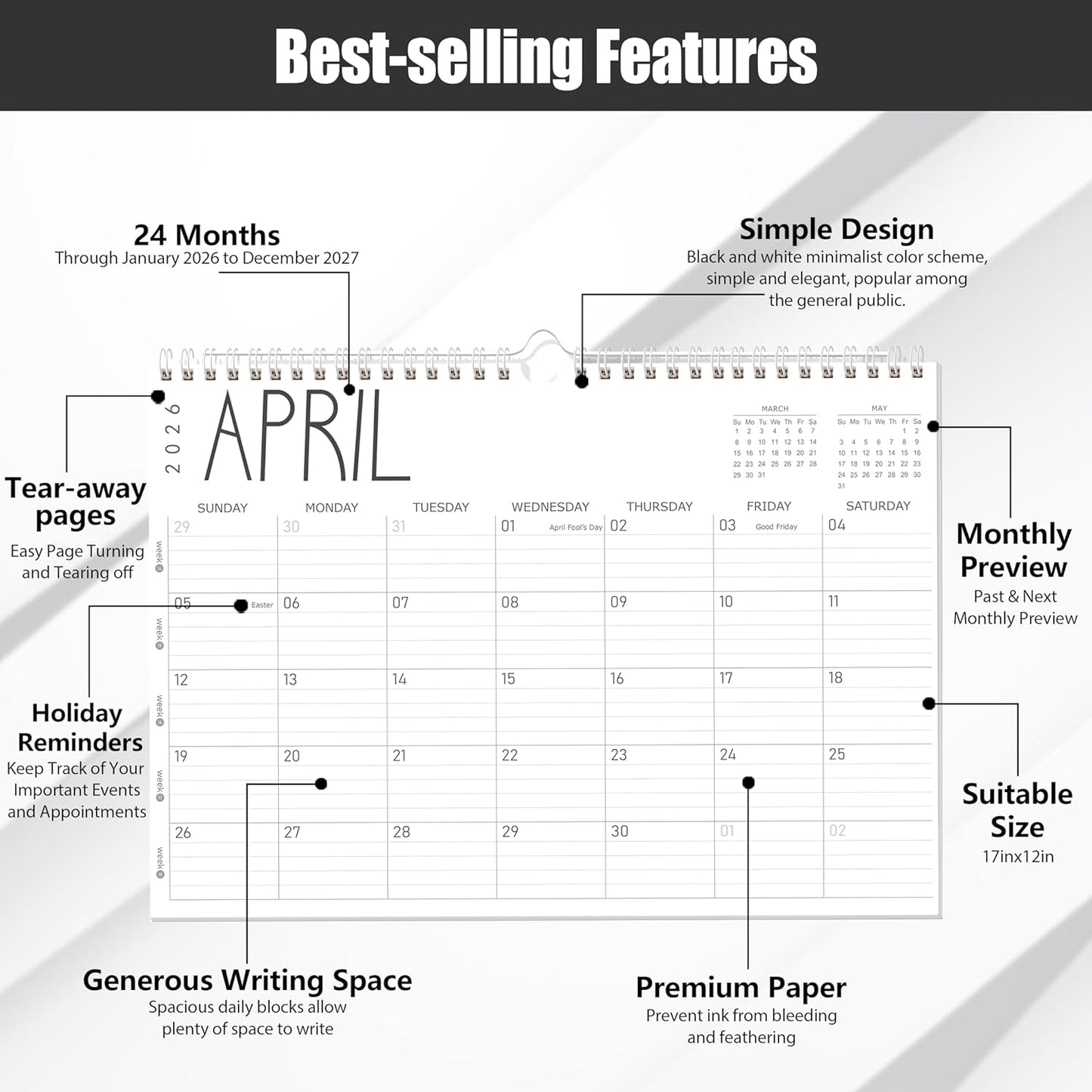 GuassLee Wall Calendar 2026, 24-Month Desk/Wall Calendar from Jan. 2026 to Dec. 2027,17" X 12" Desktop Hanging Monthly Planner with Thick Paper Spiral Bound for Easy Organizing