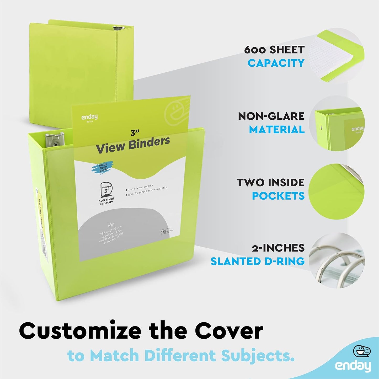 3 Slant D-Ring Binder 3 Inch Green, 3 in Clear View Cover with 2 Inside Pockets Binder, Heavy Duty Colored School Supplies Binders,Also Available in Red, Grey, Purple, Blue, Pink (24 PC) – by Enday