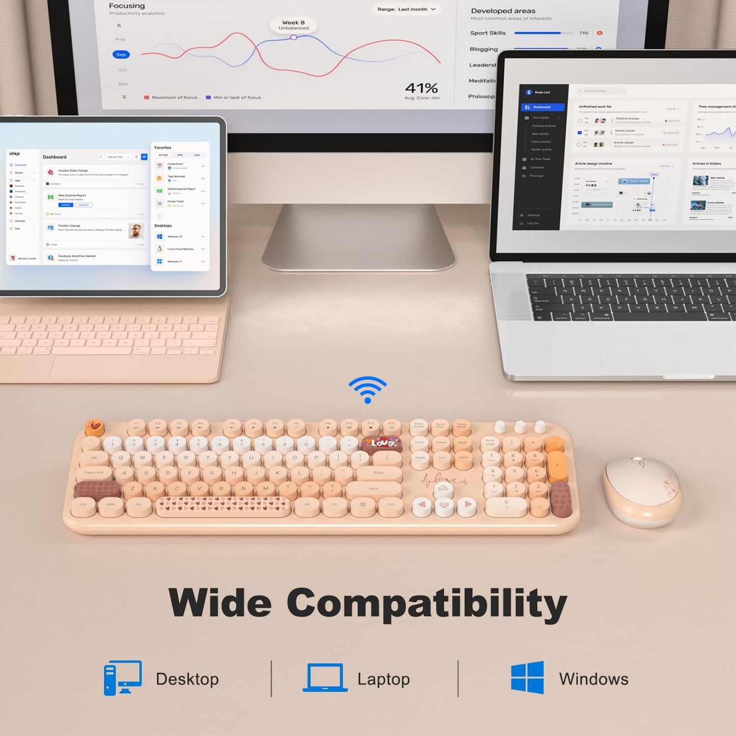 MOFII Wireless Keyboard and Mouse Combo, Cute Retro Typewriter Keyboard and Silent Mouse, 2.4GHz Full Size Computer Keyboard Wireless Mouse Set for PC, Laptop, Desktop, Windows (Yellow Colorful)