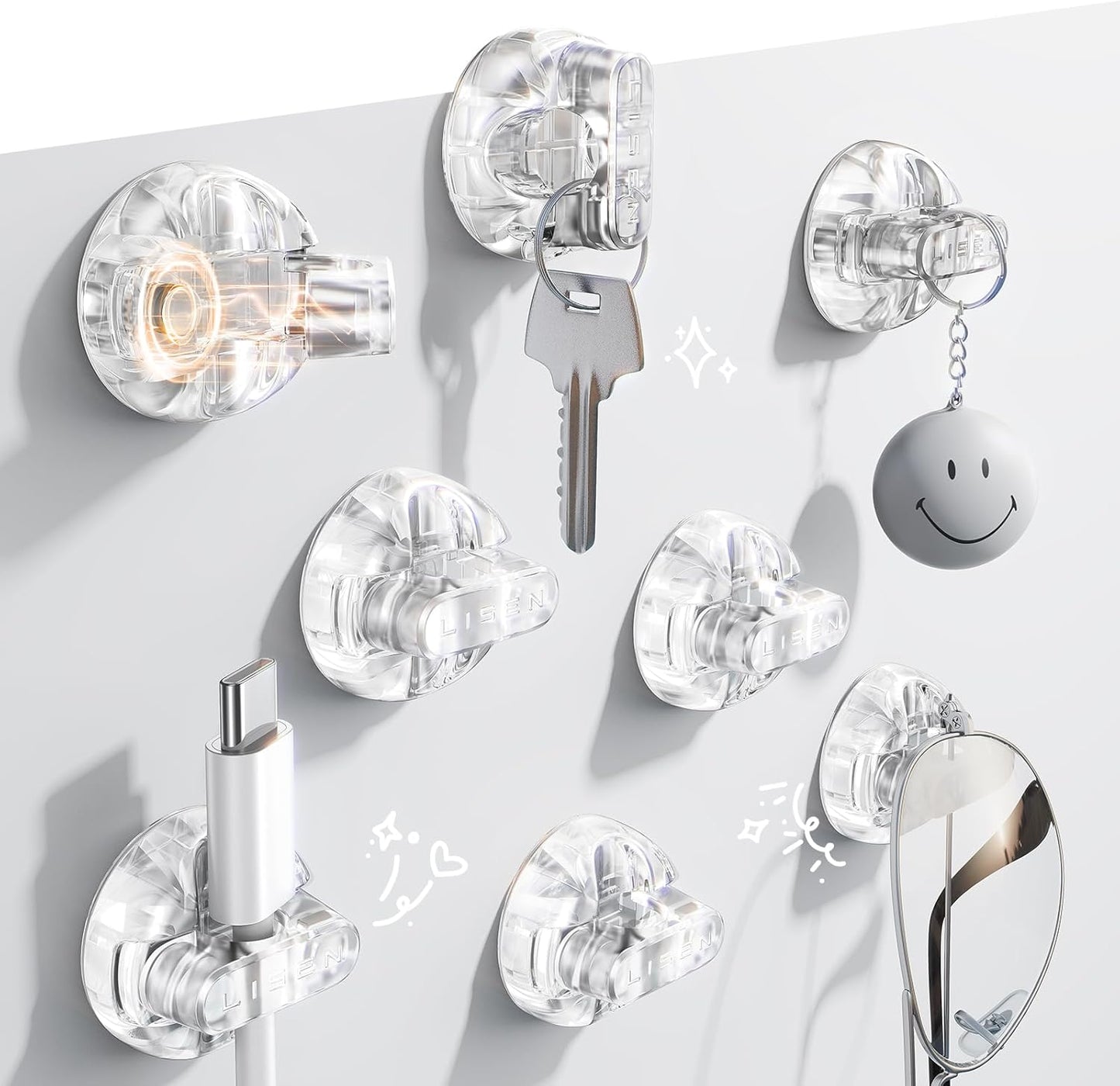 8-Pack Magnetic Cable Clips [1S Snap-On] Cord Holder, LISEN Desk Organizers and Accessories with 4 Extra Strong Adhesive Pads, Wire Organizer for Nightstand, Home, Wall, Car, Desktop,Transparent