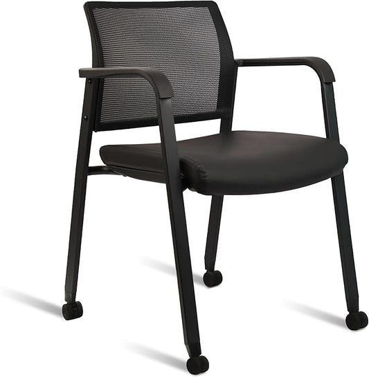 CLATINA Stacking Office Chair with Wheels, Mesh Back Waiting Room Guest Chairs with Arms Comfortable Leather Cushion Stackable Desk Chair for Conference Reception School Side Stationary, Black