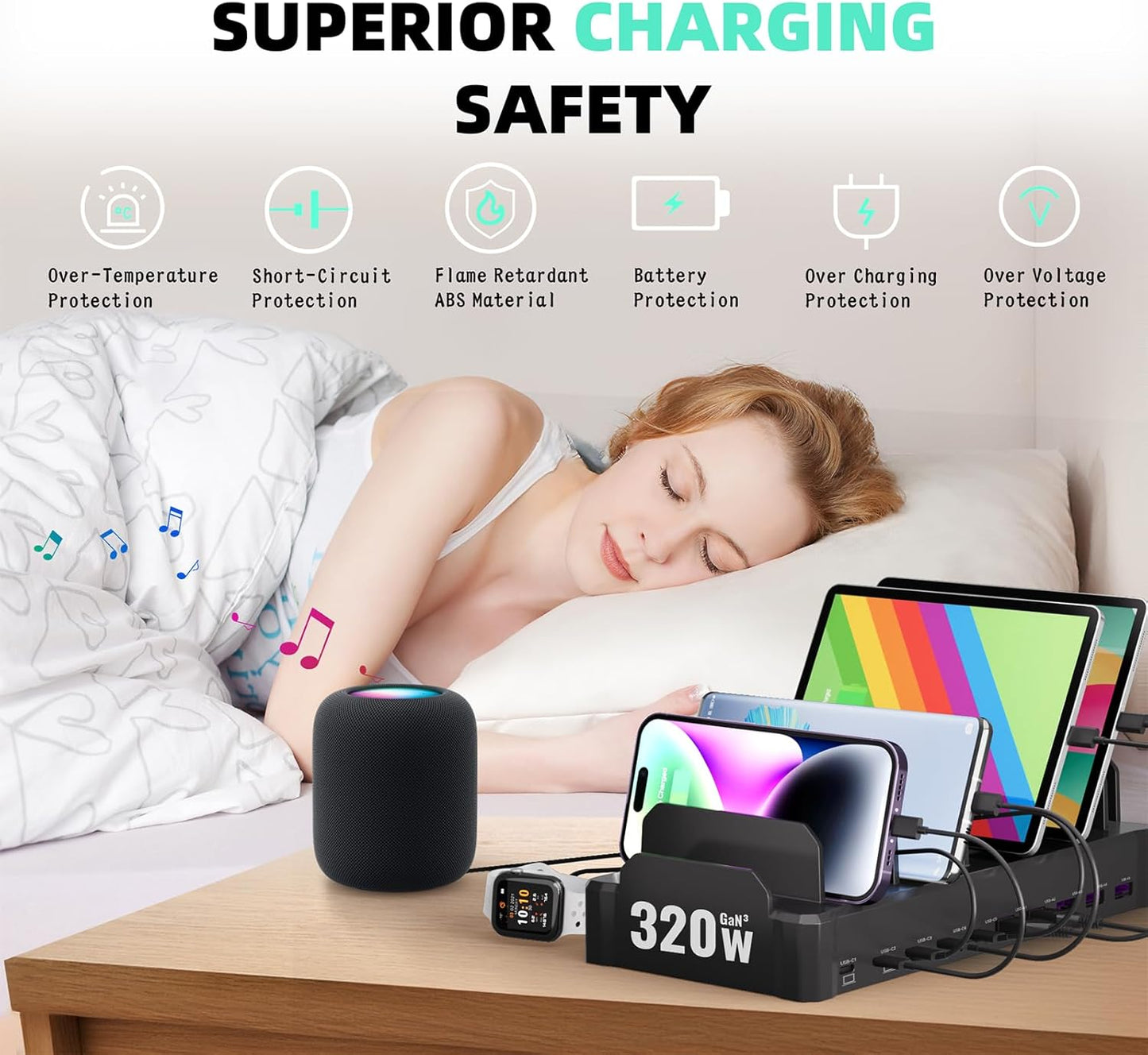 320W Charging Station for Multiple Devices, Zobirez 10-Port USB C Fast Charger Stations for MacBook, iPhone, Android Cell Phone, iPad, Tablet, Family Multi-Device Organizer Charging Dock, Black