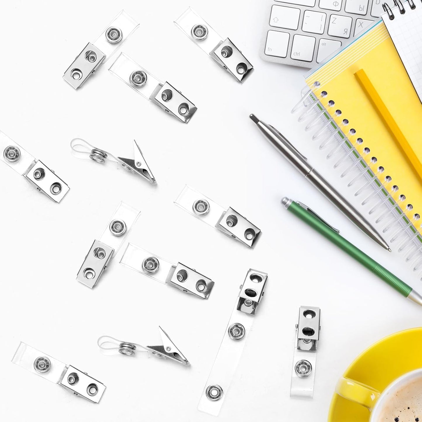 Seajan 100 Pcs Metal Badge Clips Bulk Double Hole Name Tag Clips with Clear PVC Straps Alligator ID Strap Clips for ID Cards Holders Office School Supplies