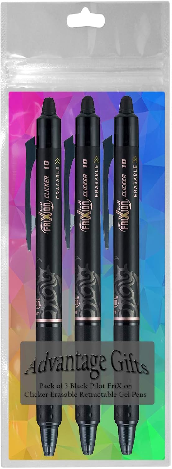 FriXion Clicker Retractable Erasable Gel Pen, Black, Bold Point, 3-pk; Bundle with Plastic Reusable Pouch