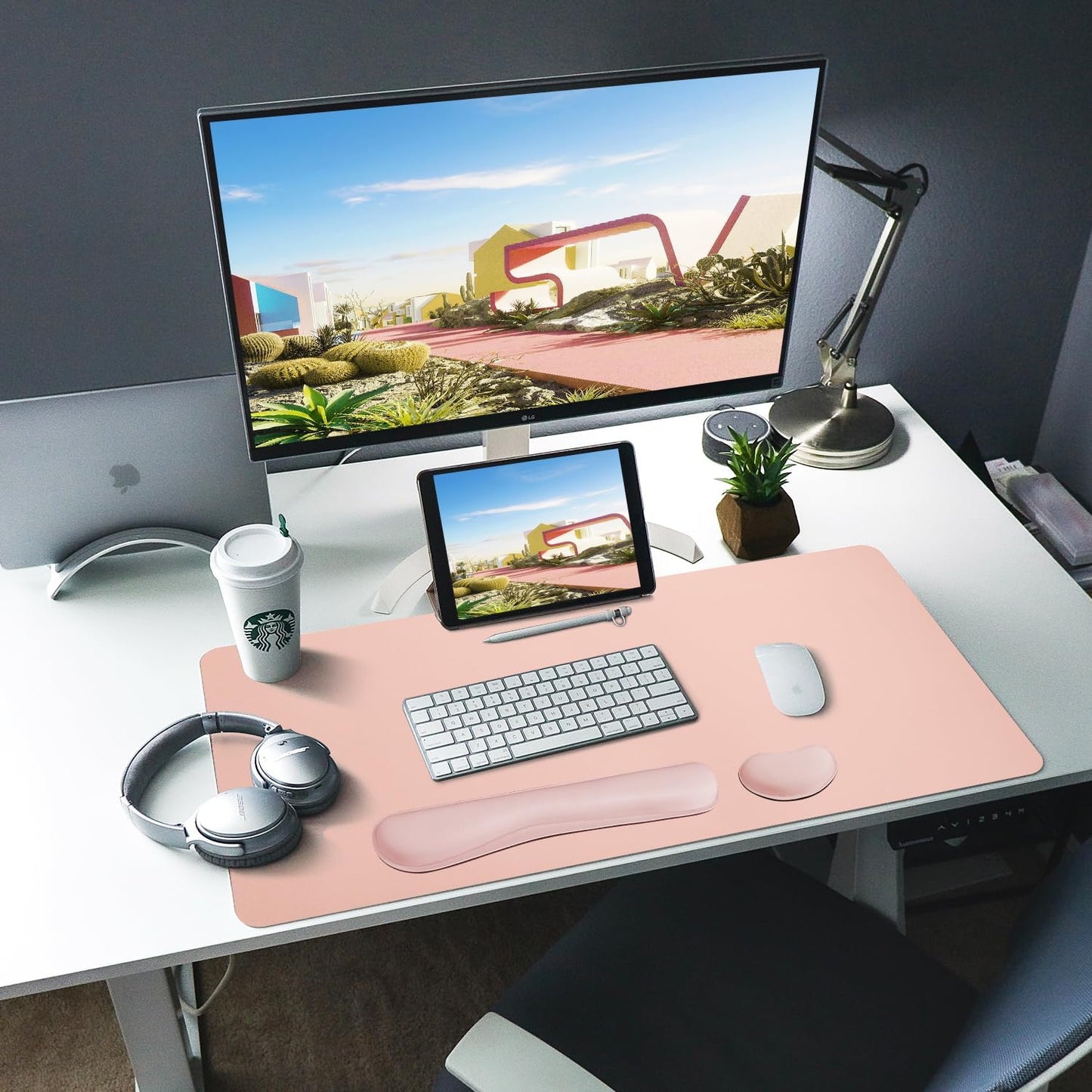 Bloss Leather Desk Pad and Keyboard Wrist Rest, Large Mouse Pad + Keyboard Pad+Mouse Wrist Support, Non-Slip Desk Mat Protector for Office, Home(31.5×15.7 Inches,Pink)