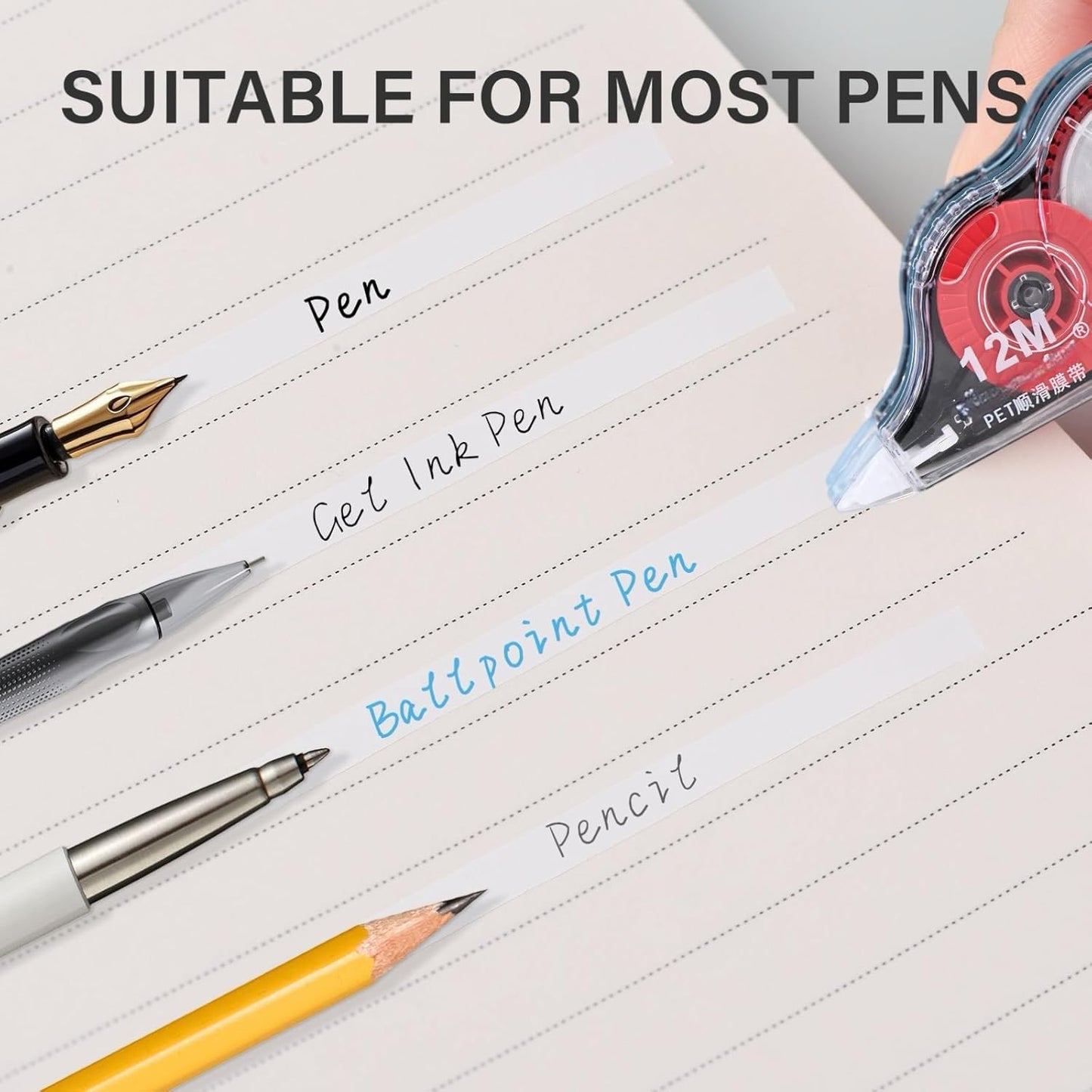 39.37ft Correction Tape with Dispenser, 6-Count Pack, Fast Clean and Easy-to-Use Tear-Resistant Correction Tape Office School Supplies, Blue/Red/Gray