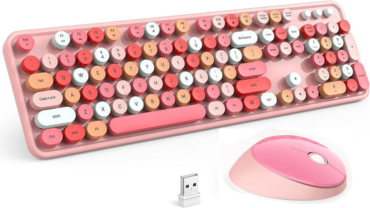 KOOTOP Cute Pink Wireless Keyboard and Mouse, 2.4G Wireless with Retro Round Keycap for PC, Mac, Laptop, Tablet, Computer Windows