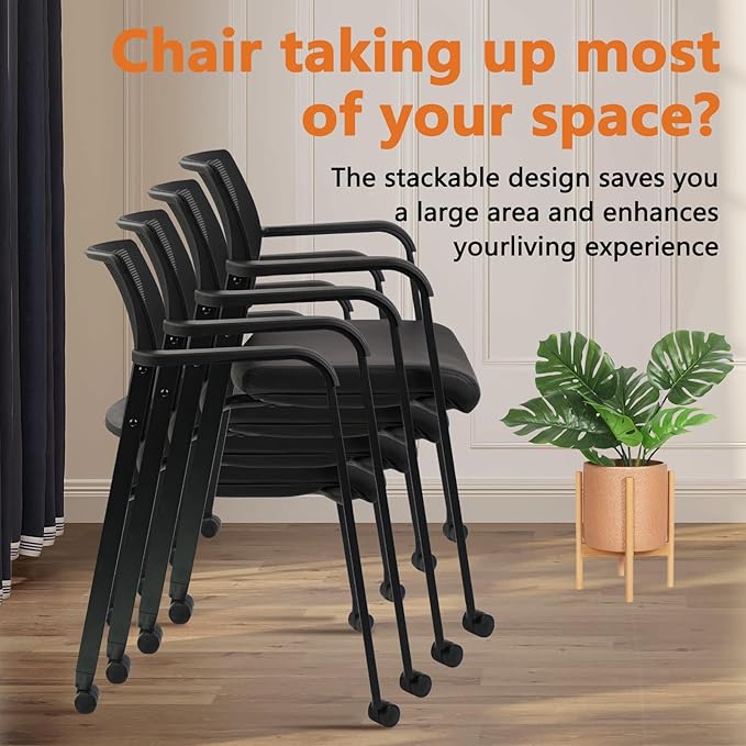 CLATINA Stacking Office Chair with Wheels, Mesh Back Waiting Room Guest Chairs with Arms Comfortable Leather Cushion Stackable Desk Chair for Conference Reception School Side Stationary, Black