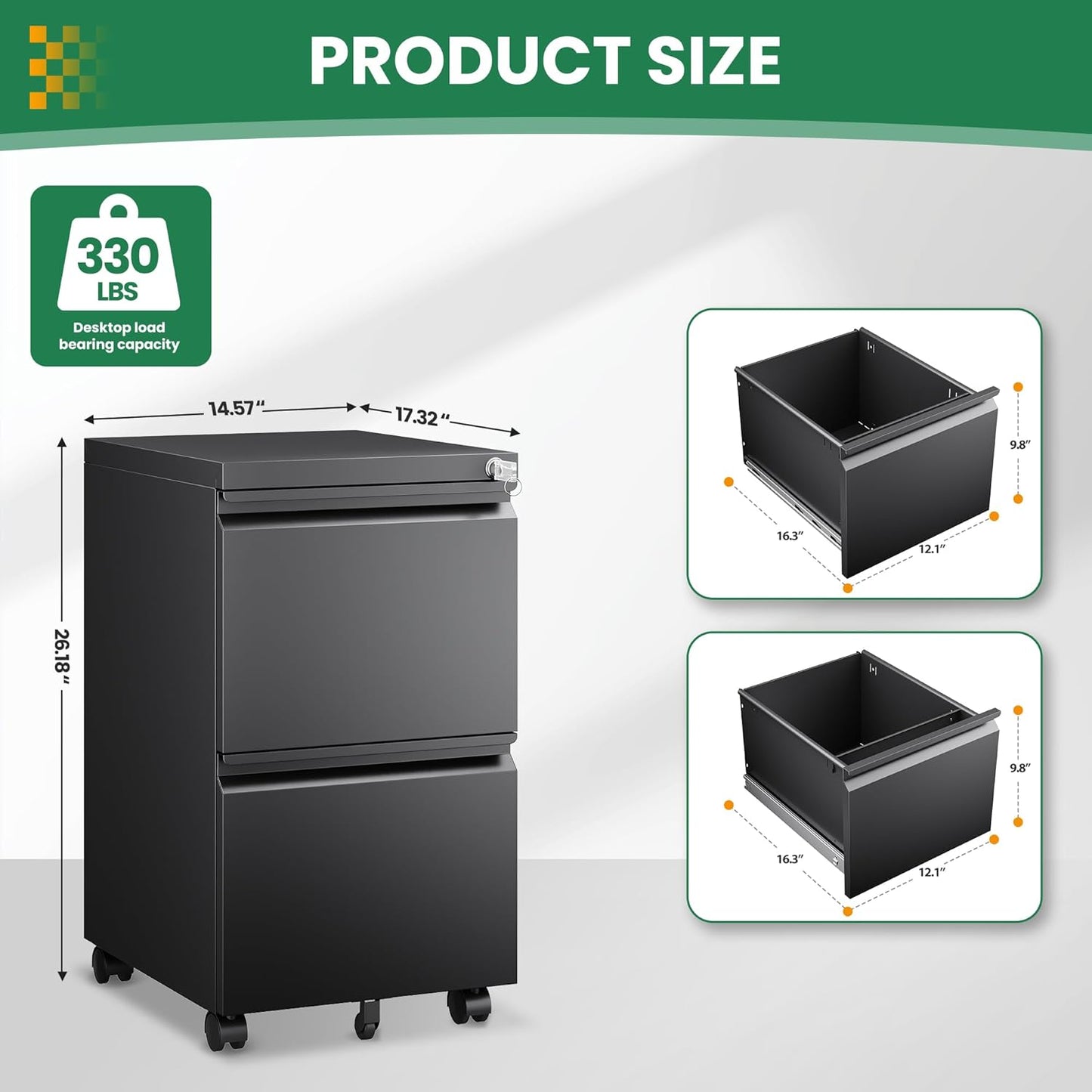 2 Drawer Metal File Cabinet with Lock, Rolling File Cabinets with Lock for A4/Legal/Letter Size, Under Desk Filing Cabinet for Home Office Assembly Required（Black）