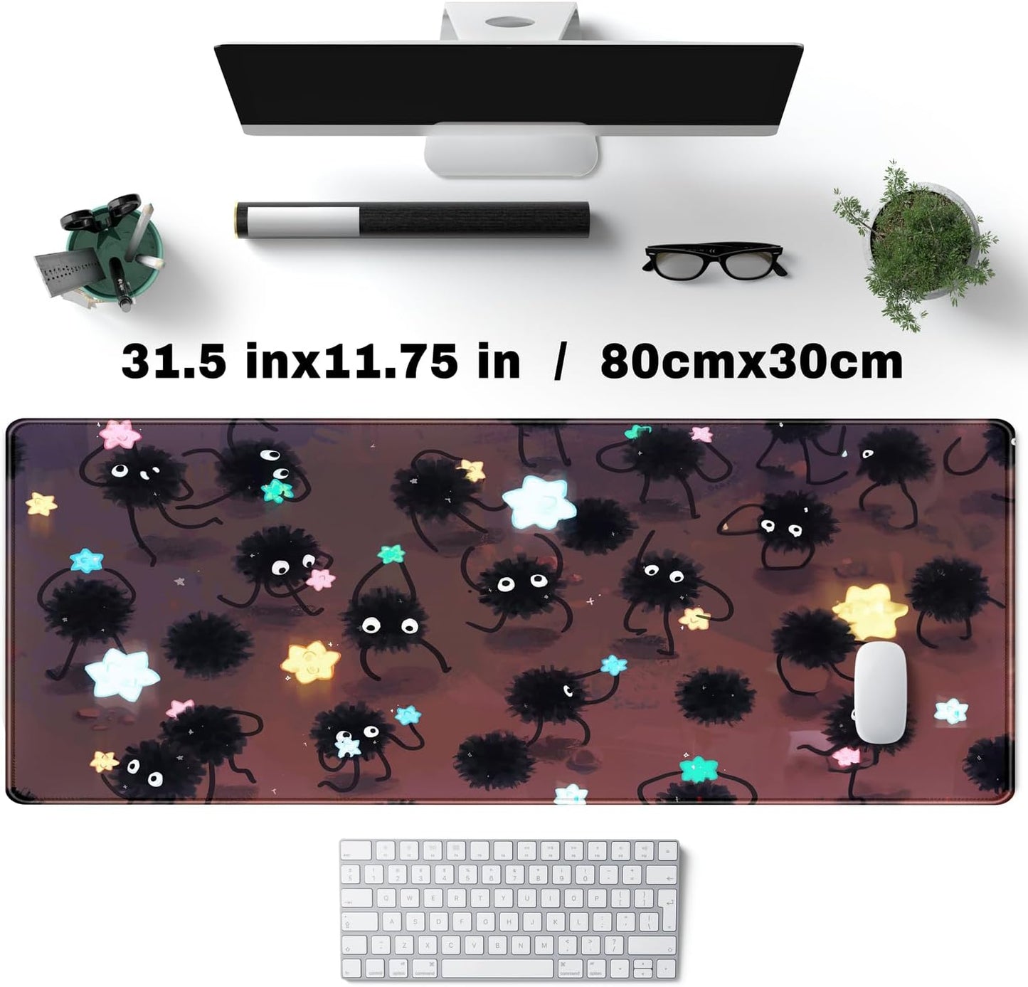 Desk Pad Anime Black Pom Poms Gaming Mouse Pad Large Star Designs Desk Office Decor Exclusive Beautiful Girls Mouse Pad for Women Desktop with Stitched Edges Non-Slip Computer Mat 31.5x11.8In