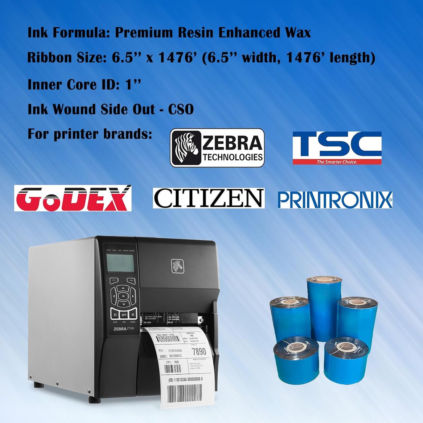 6.5'' x 1476' Premium Resin Enhanced Wax Ribbon, 165mm x 450m Black Thermal Transfer Ribbon, Barcode Thermal Label Printer Ribbon, CSO-Ink Outside, 1'' Core for Zebra, TSC, GoDex, Citizen (1 Roll)