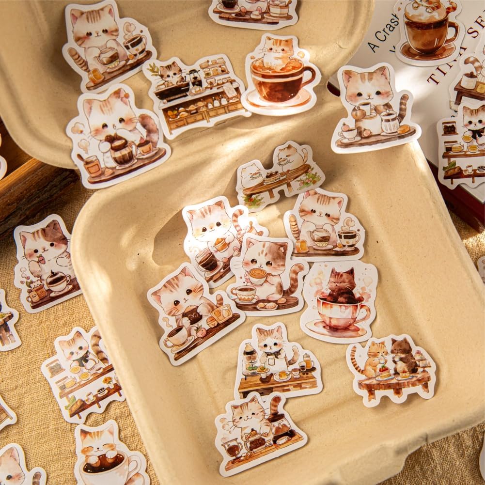 46 Pcs Small Coffee Cat Stickers for Scrapbooking Diary Laptop Junk Journal Notebook Kids Envelope Card Making Diary Planner Craft DIY Craft Decoration, 23 Patterns