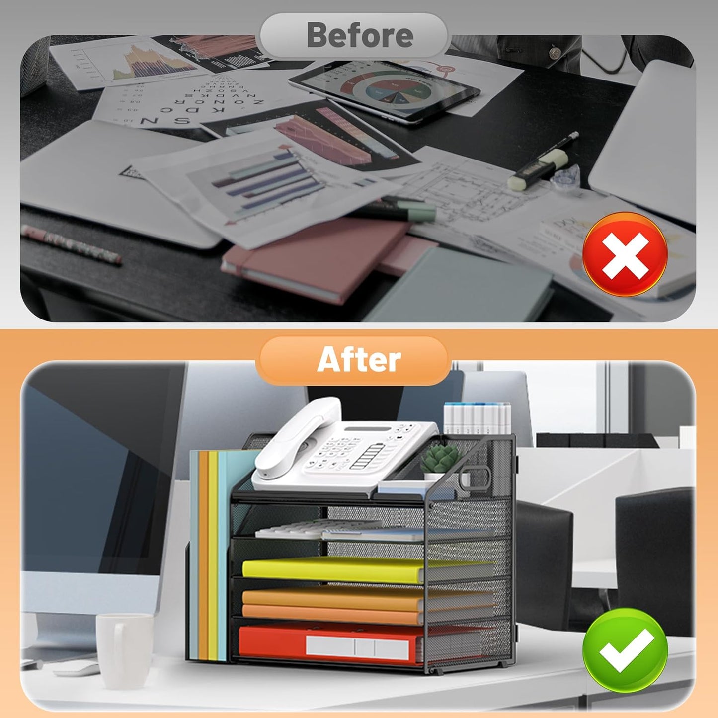 DocNest 5 Tier Paper Letter Tray File Organizer, Mesh Desk File with Handle, Workspace Desk Organizers with Pen Holder, Office Organization Storage Accessories - Black