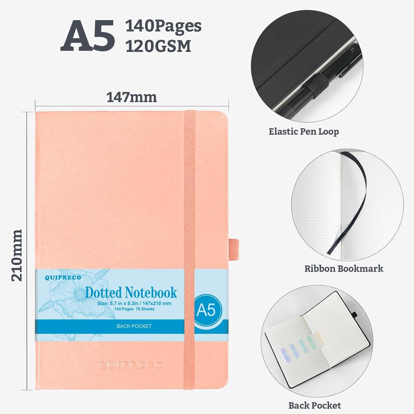 Bullet Dotted Hardcover Journal Notebook, A5 140 Pages 120Gsm Thick Paper for School,Note Taking,Work,Diary，5.7''*8.3'',Blush