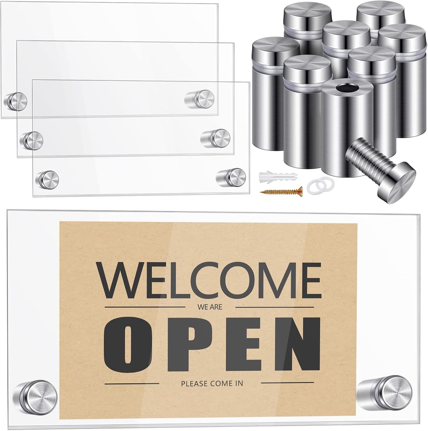 Demissle 4 Sets Clear Acrylic Wall Name Plate Holders Office Door Mount Name Plate Holder with Stainless Steel Standoff Screws for Office Home Store Restaurant (6 x 3 Inch)