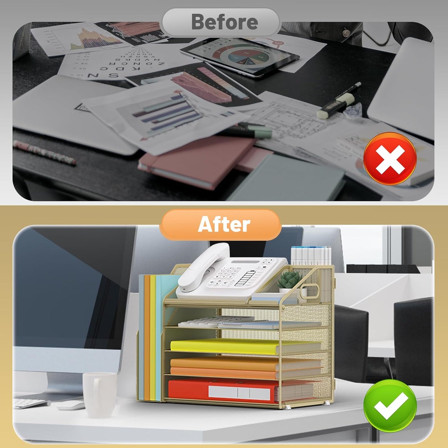 DocNest 5 Tier Paper Letter Tray File Organizer, Mesh Desk File with Handle, Workspace Desk Organizers with Pen Holder, Office Organization Storage Accessories - Gold Yellow